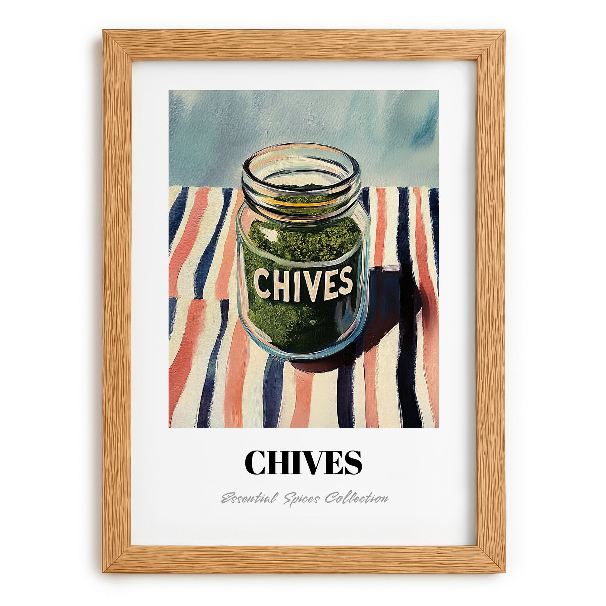 Chives – on Striped Tablecloth, Spices Painting, set in oak frame
