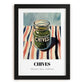 Chives – on Striped Tablecloth, Spices Painting, in sleek black frame