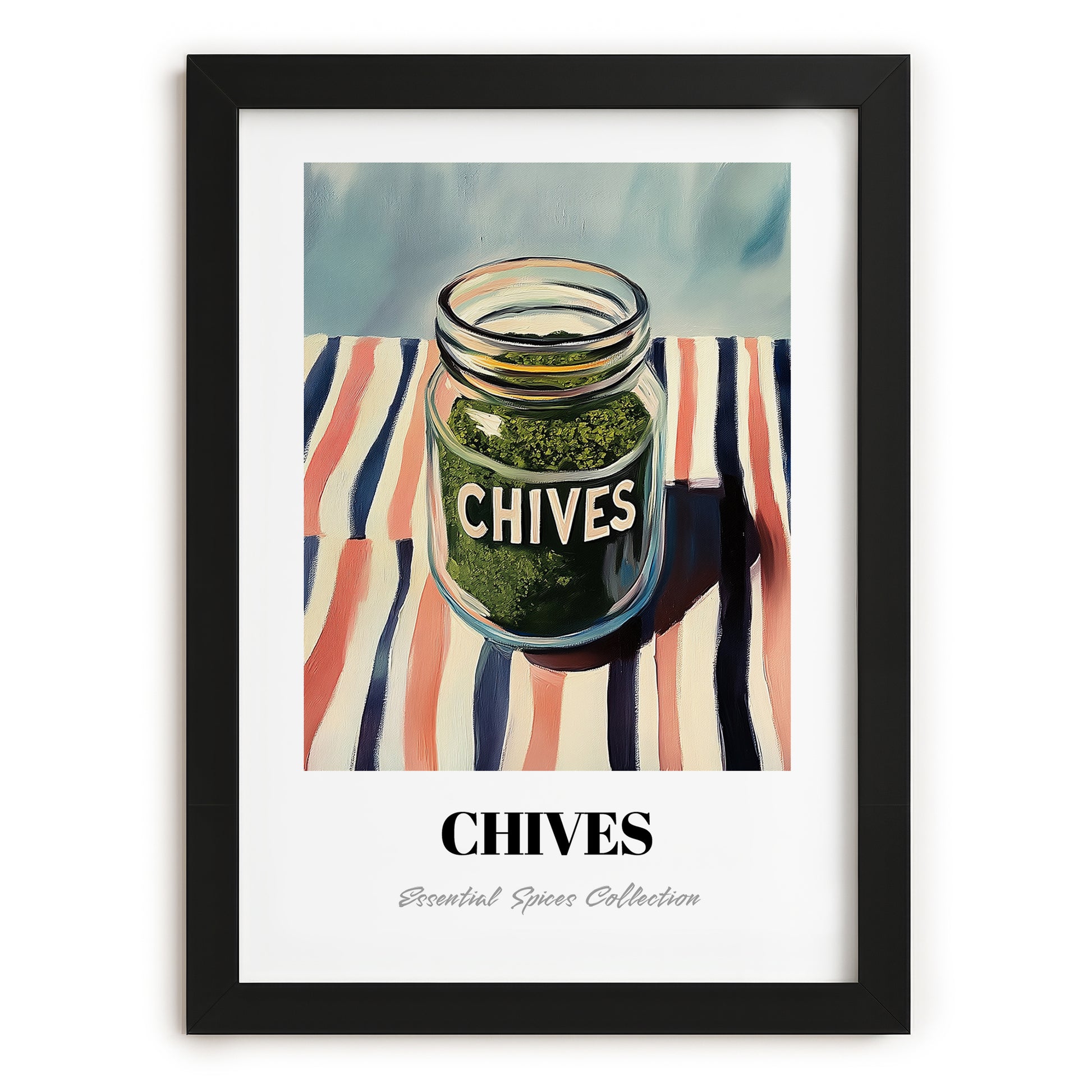Chives – on Striped Tablecloth, Spices Painting, in sleek black frame