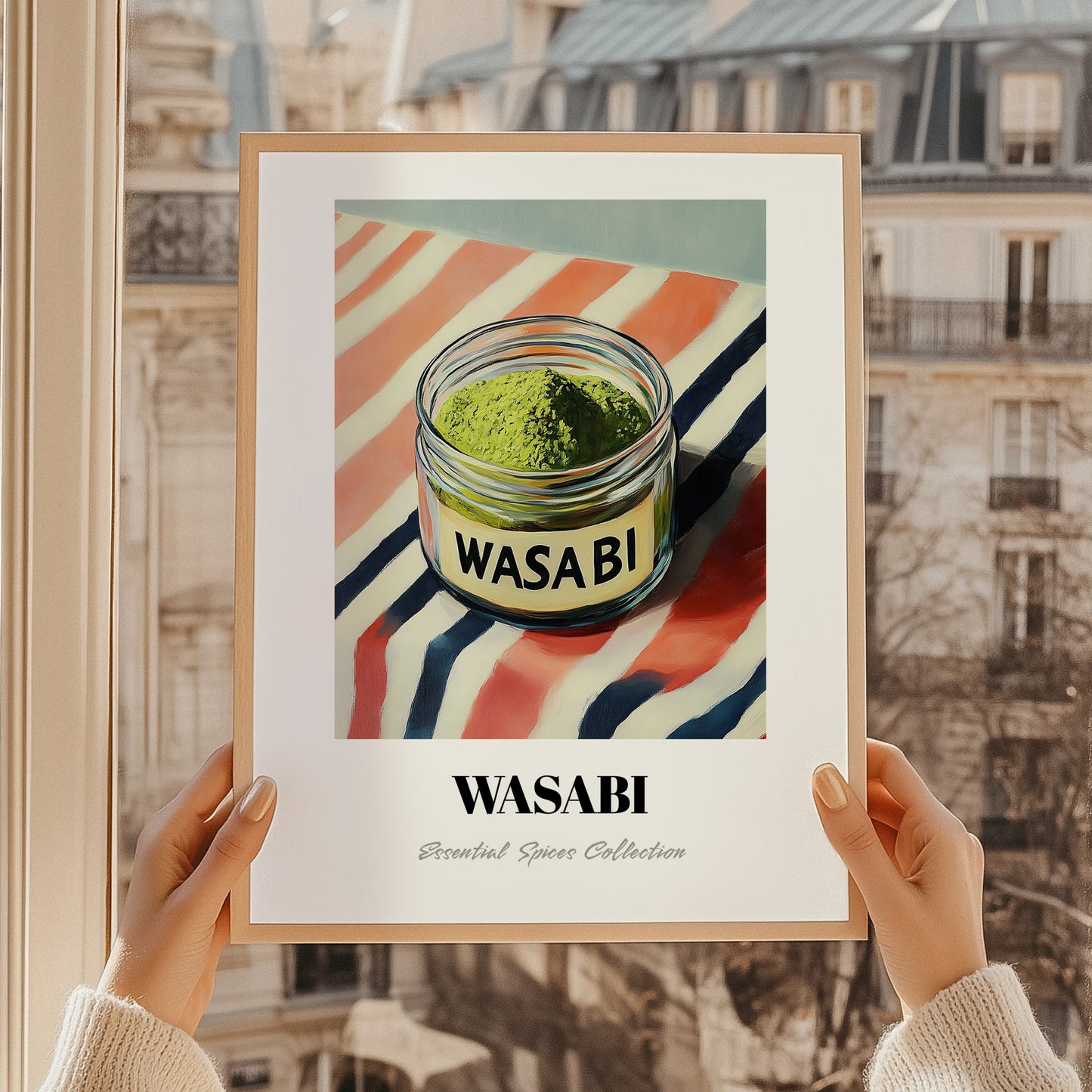 Wasabi – on Striped Tablecloth, Spices Illustration, styled in a charming Paris street view