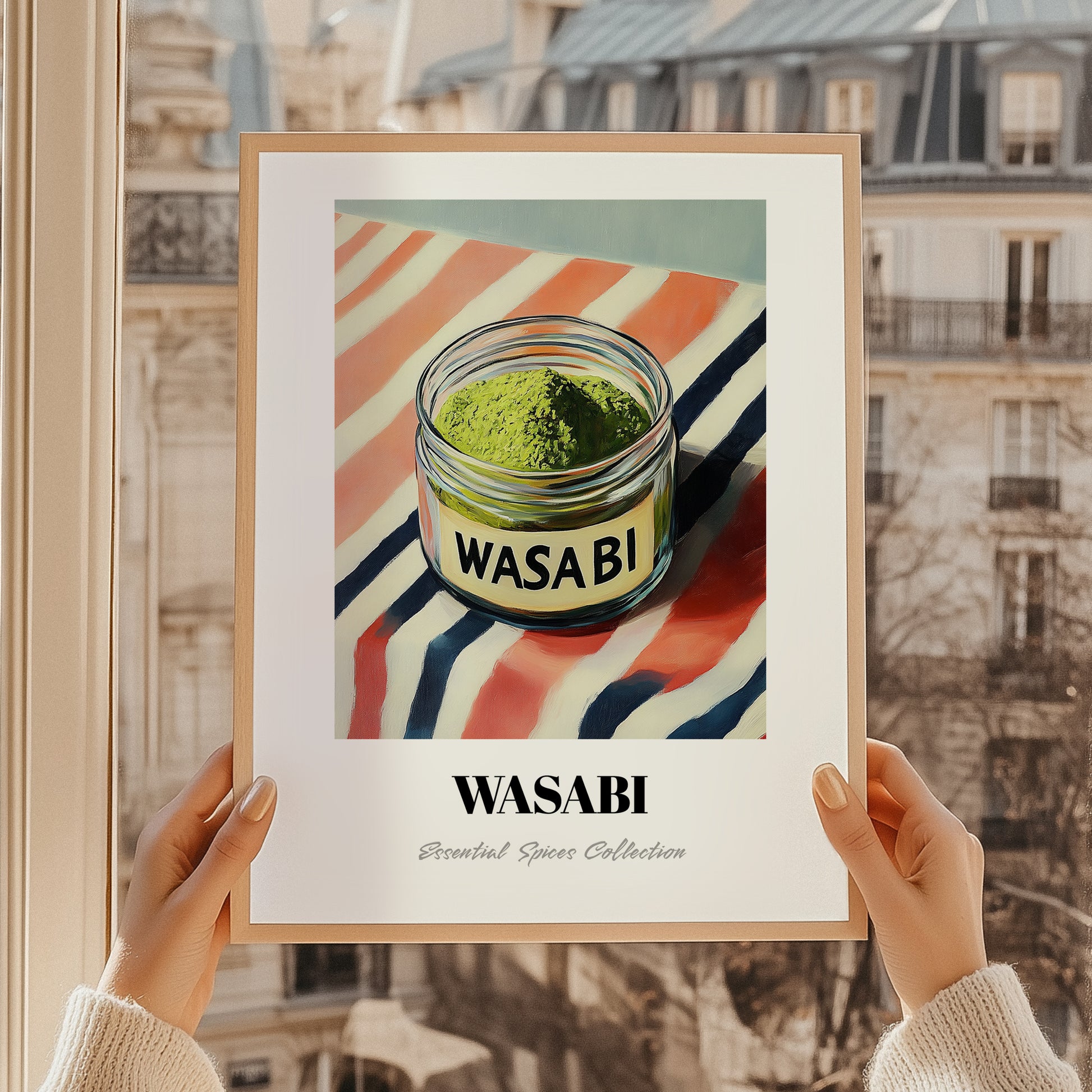 Wasabi – on Striped Tablecloth, Spices Illustration, styled in a charming Paris street view