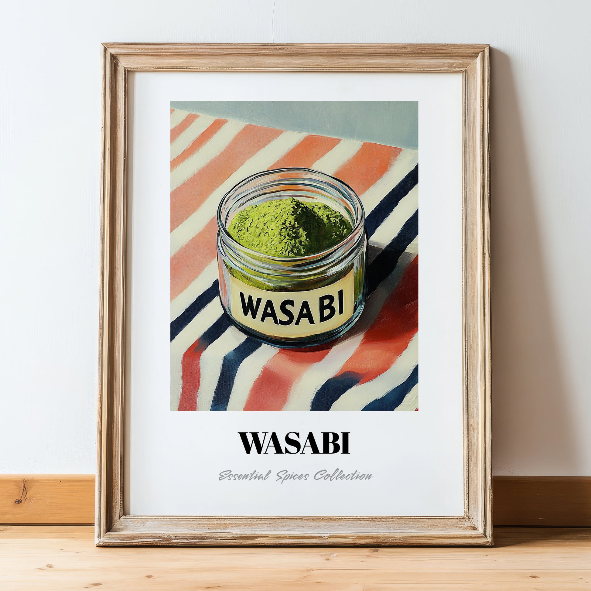 Wasabi – on Striped Tablecloth, Spices Illustration, in wooden frame leaning on the floor