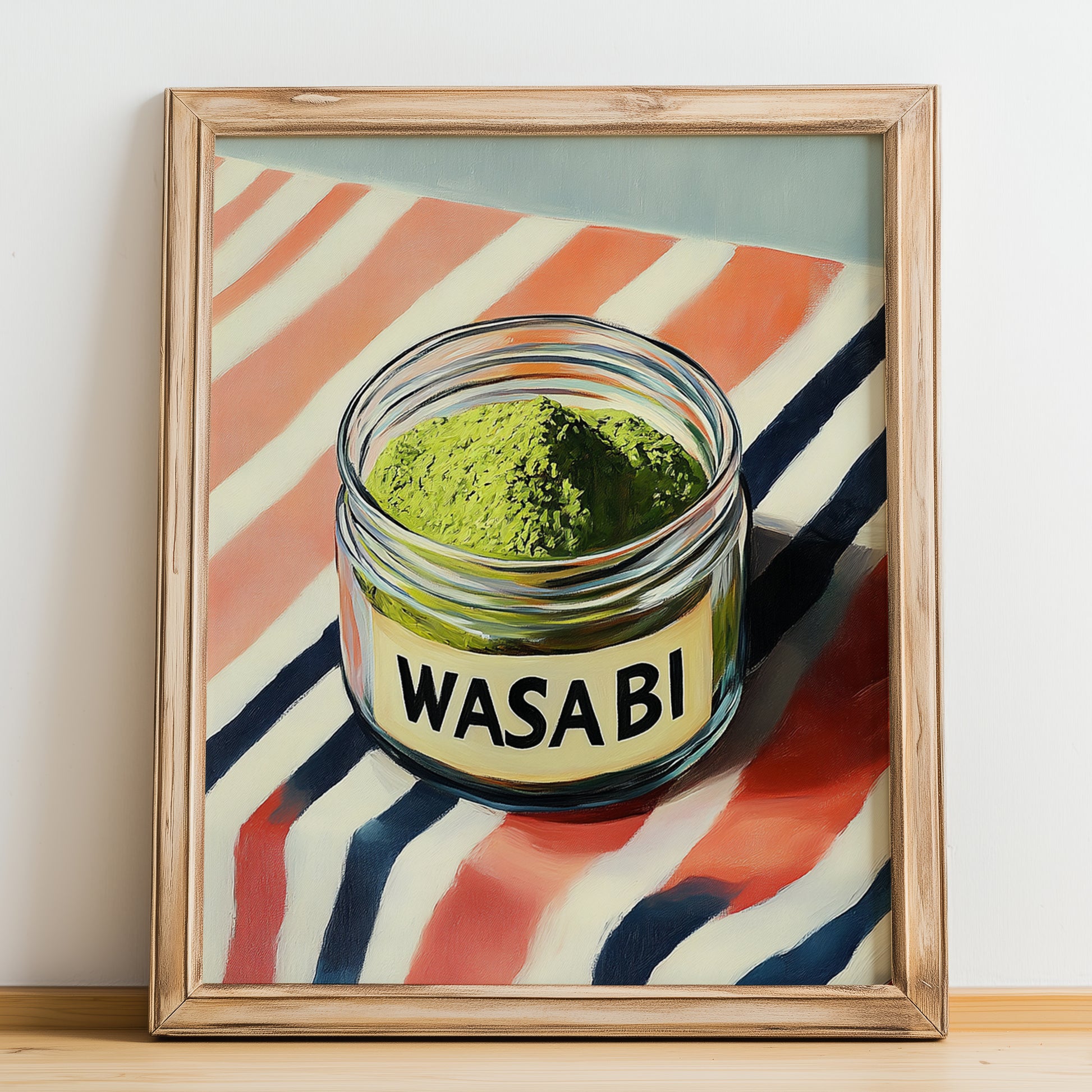 Wasabi – on Striped Tablecloth, Spices Illustration, no-text version framed in wood