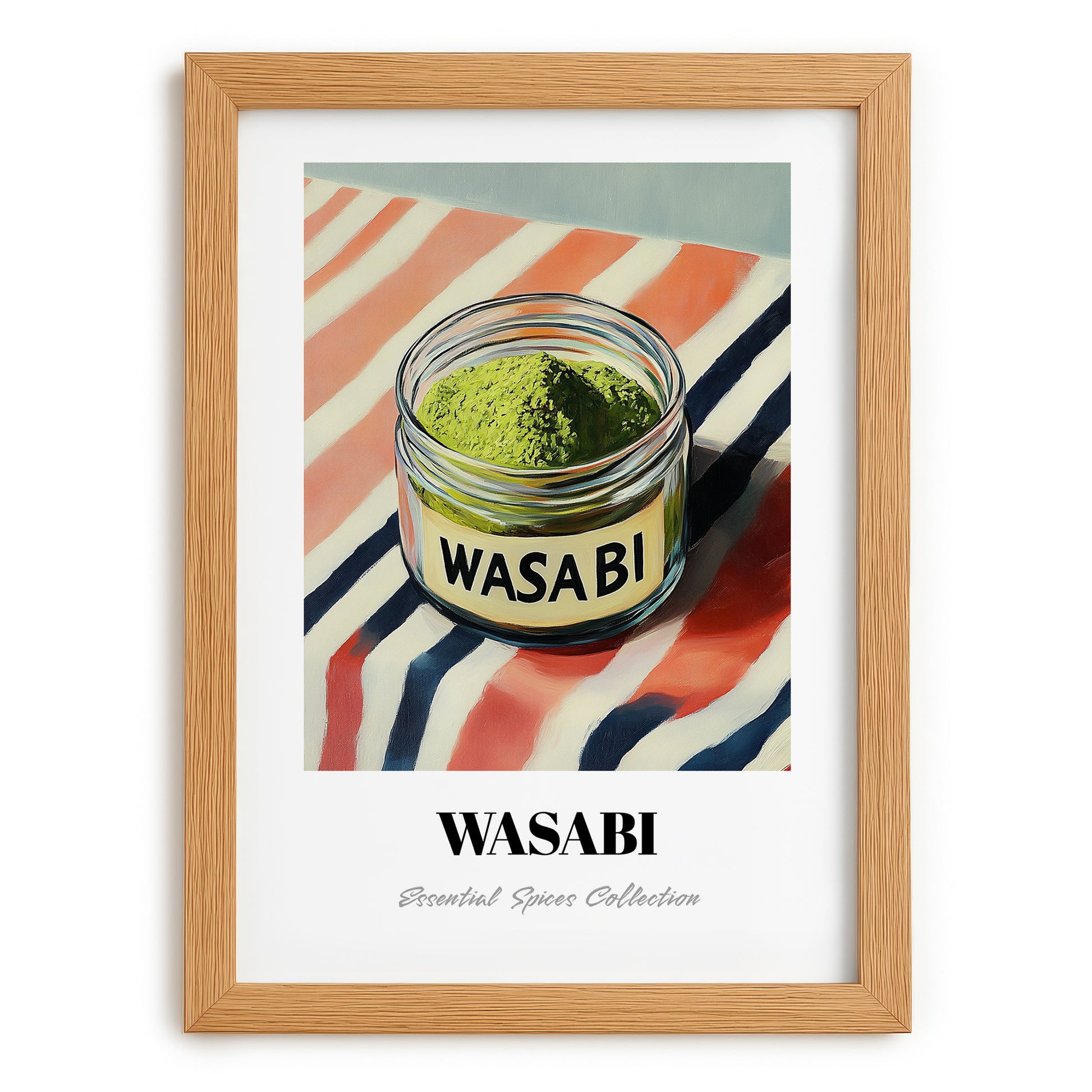 Wasabi – on Striped Tablecloth, Spices Illustration, set in oak frame