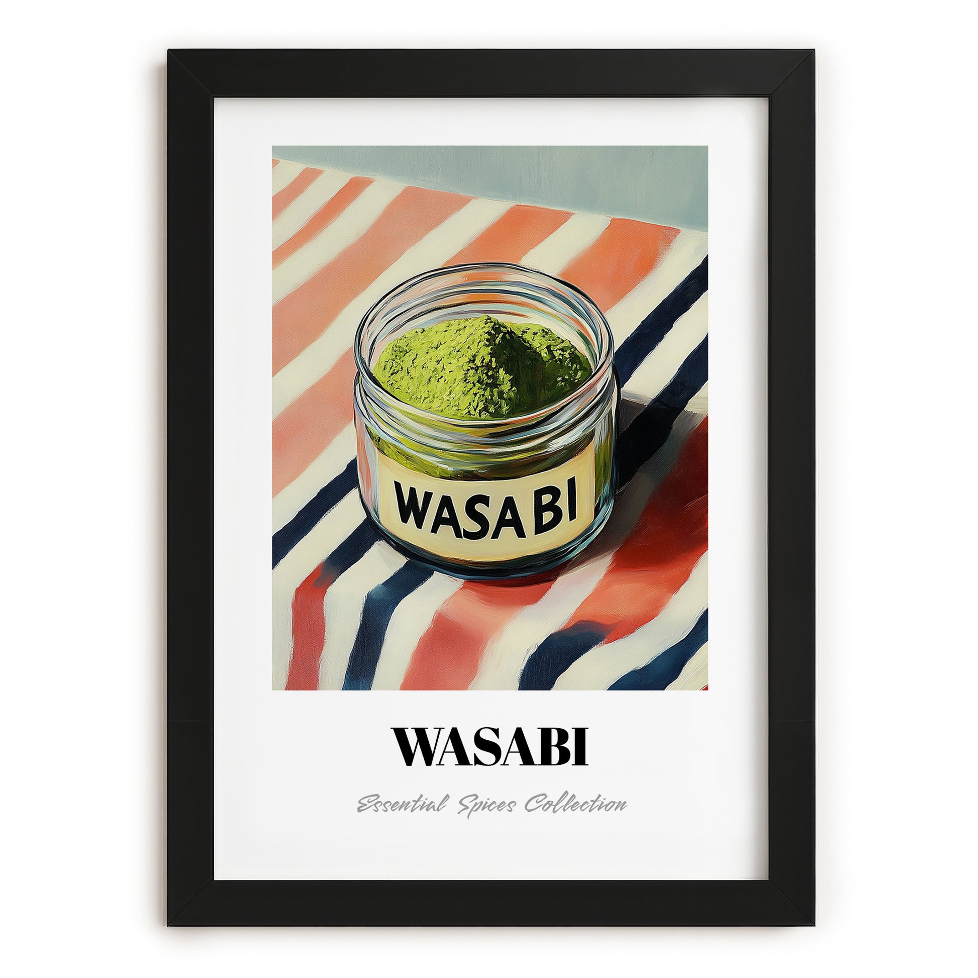 Wasabi – on Striped Tablecloth, Spices Illustration, in sleek black frame