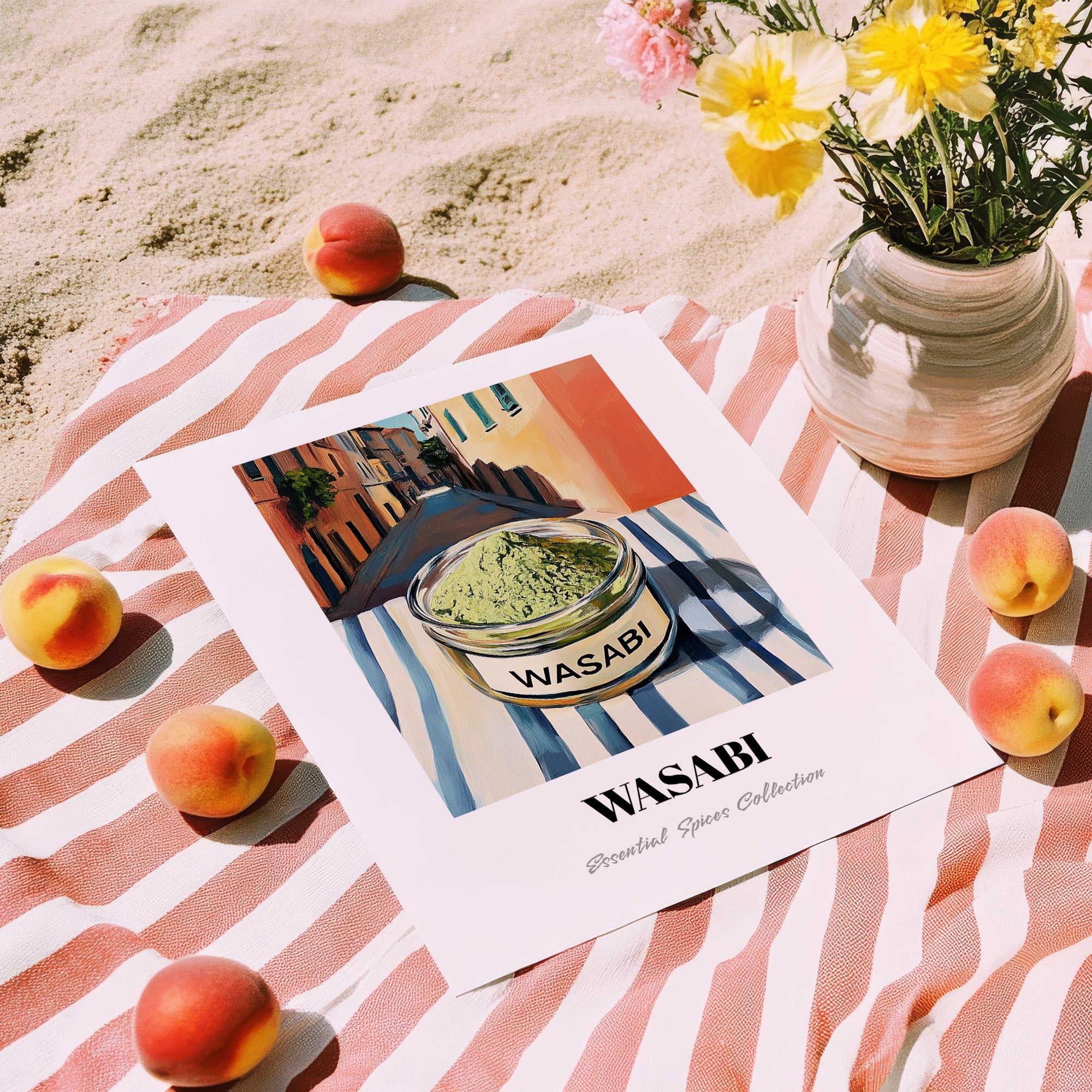 Wasabi – Italian Street Café Scene, Spices Print, unframed on coastal sand