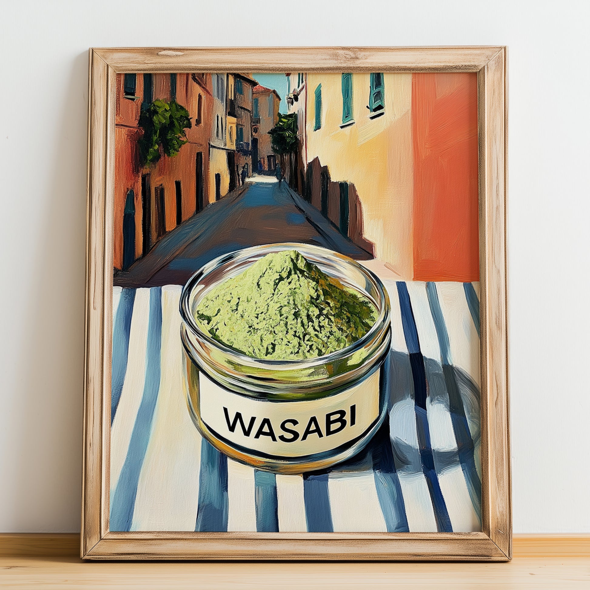 Wasabi – Italian Street Café Scene, Spices Print, no-text version framed in wood