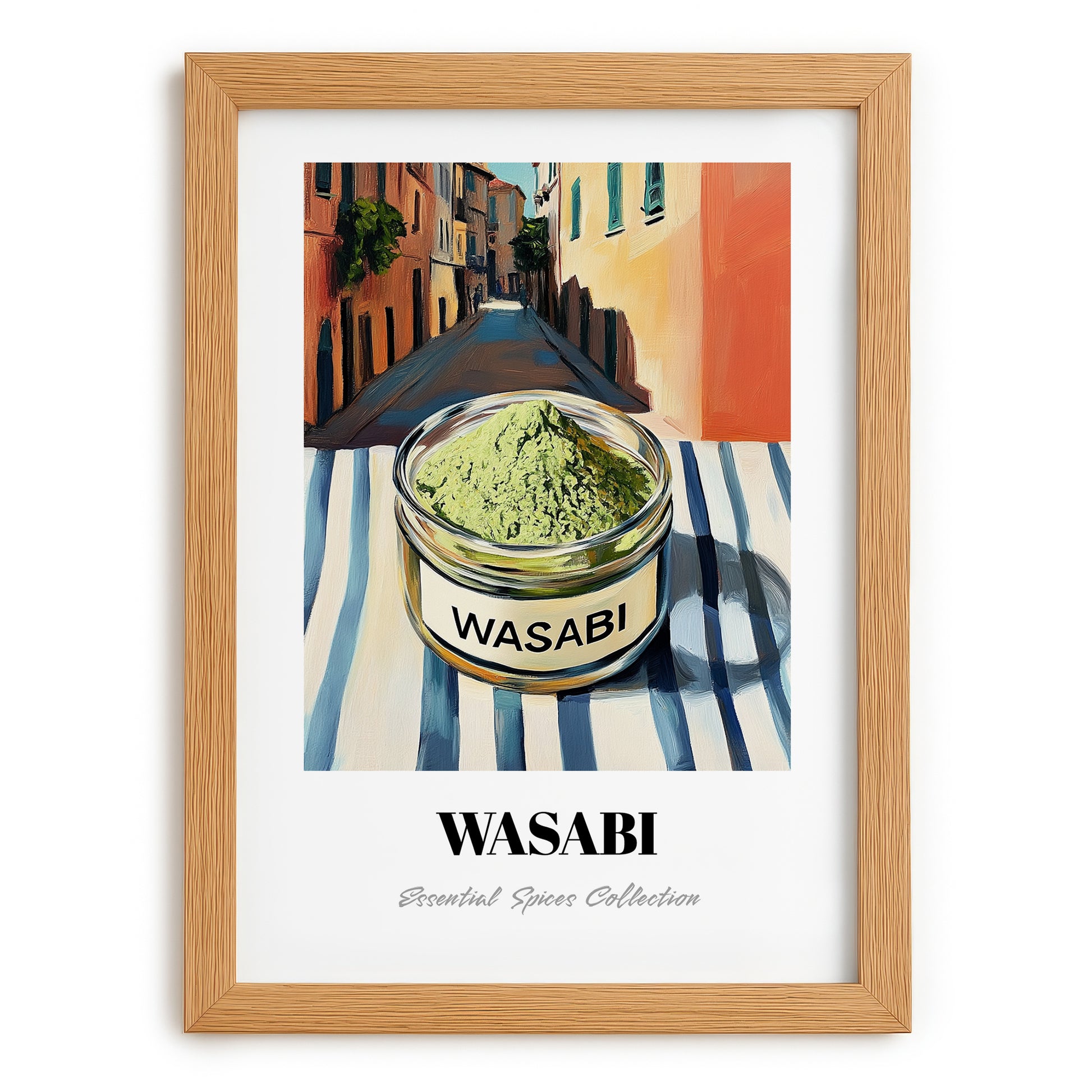 Wasabi – Italian Street Café Scene, Spices Print, set in oak frame