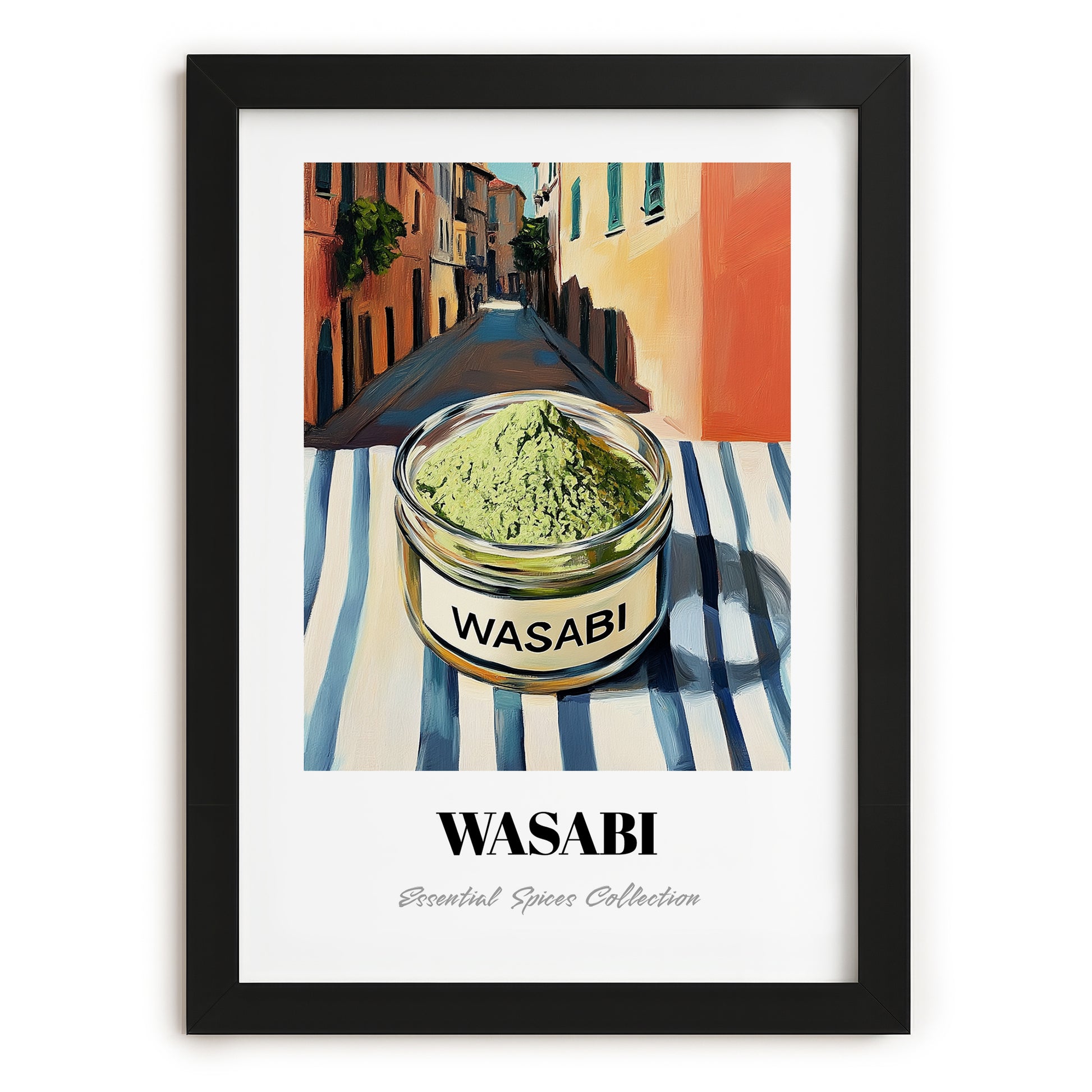 Wasabi – Italian Street Café Scene, Spices Print, in sleek black frame