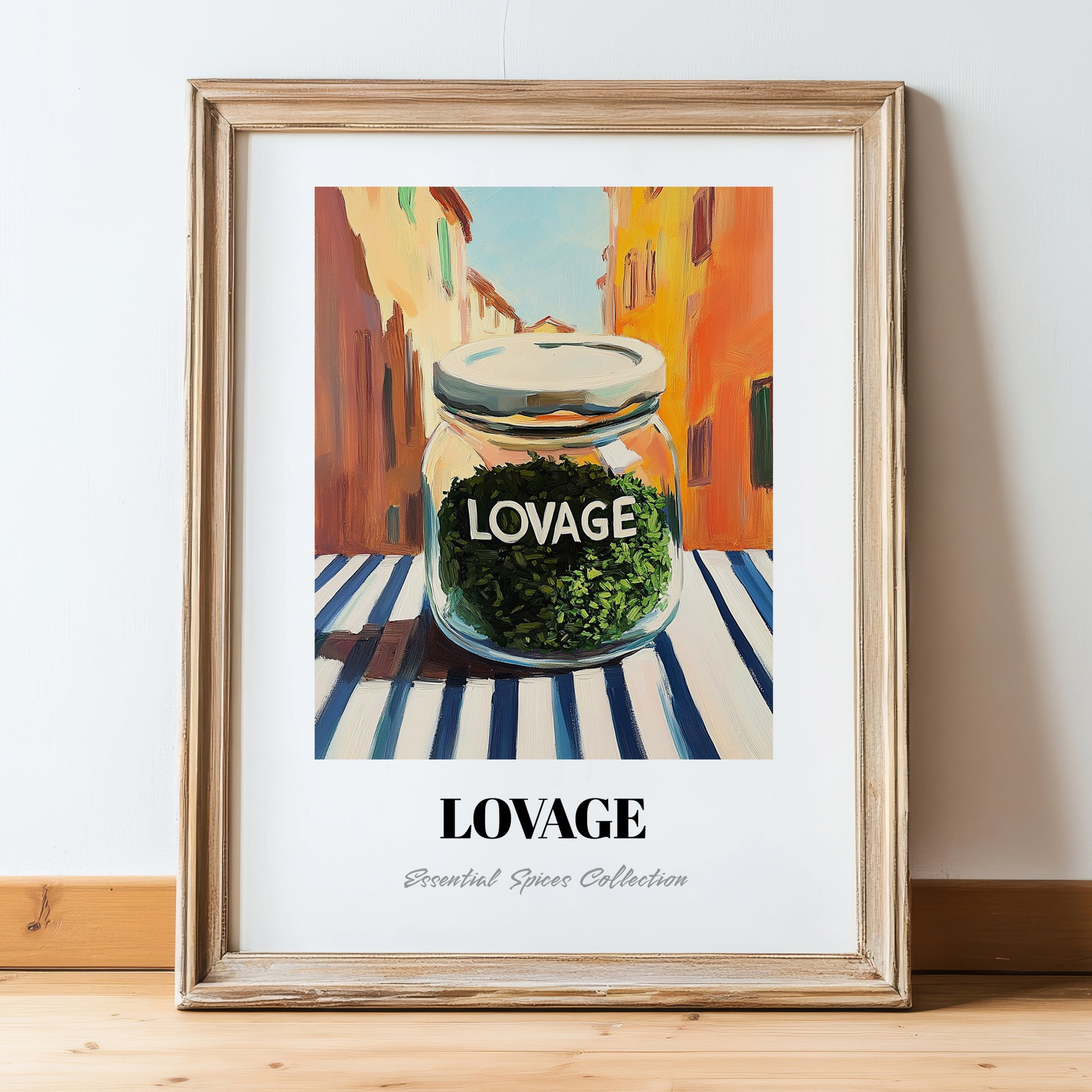 Lovage – Italian Urban Café Scene, Spices Illustration, in wooden frame leaning on the floor