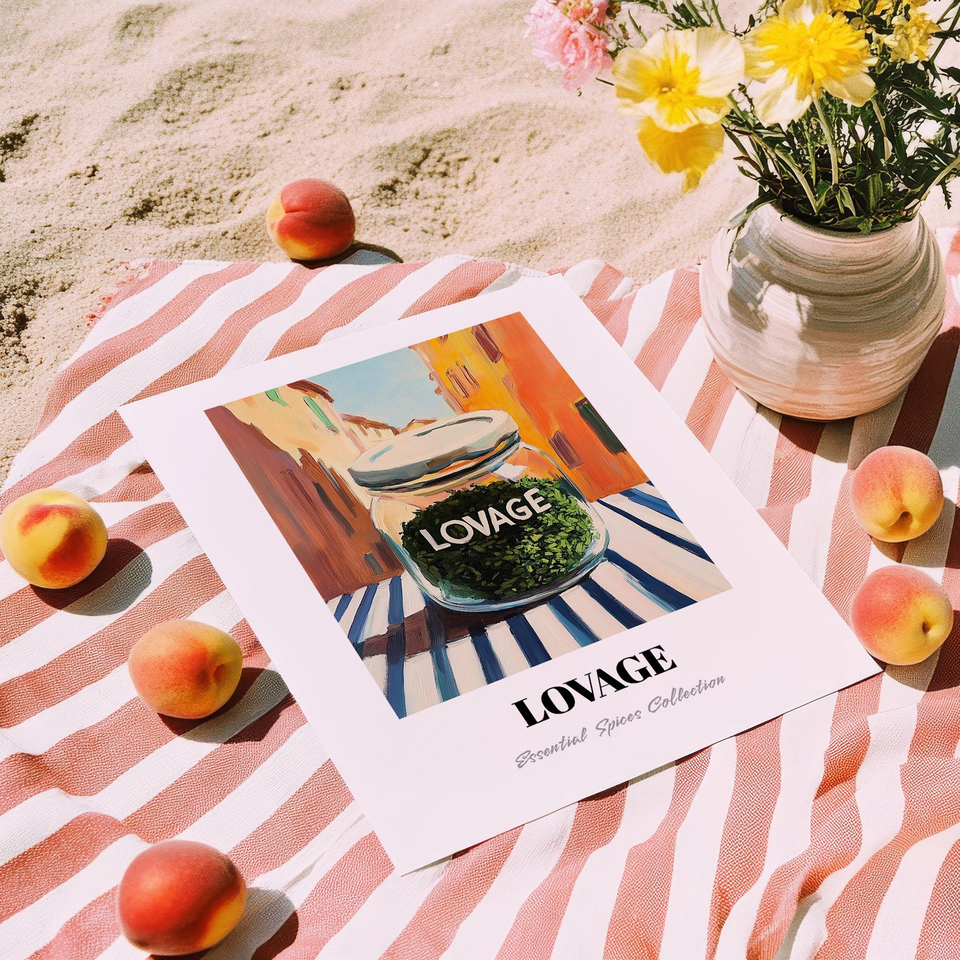 Lovage – Italian Urban Café Scene, Spices Illustration, unframed on coastal sand