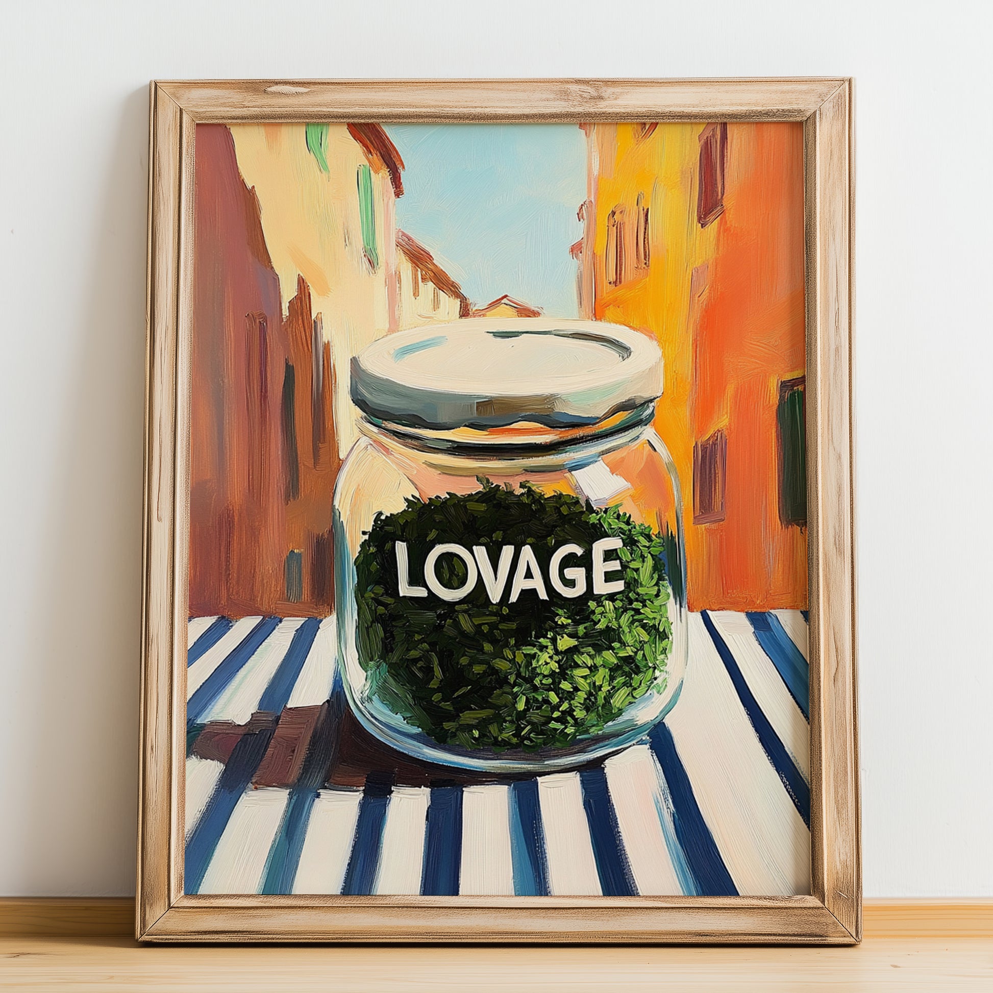 Lovage – Italian Urban Café Scene, Spices Illustration, no-text version framed in wood