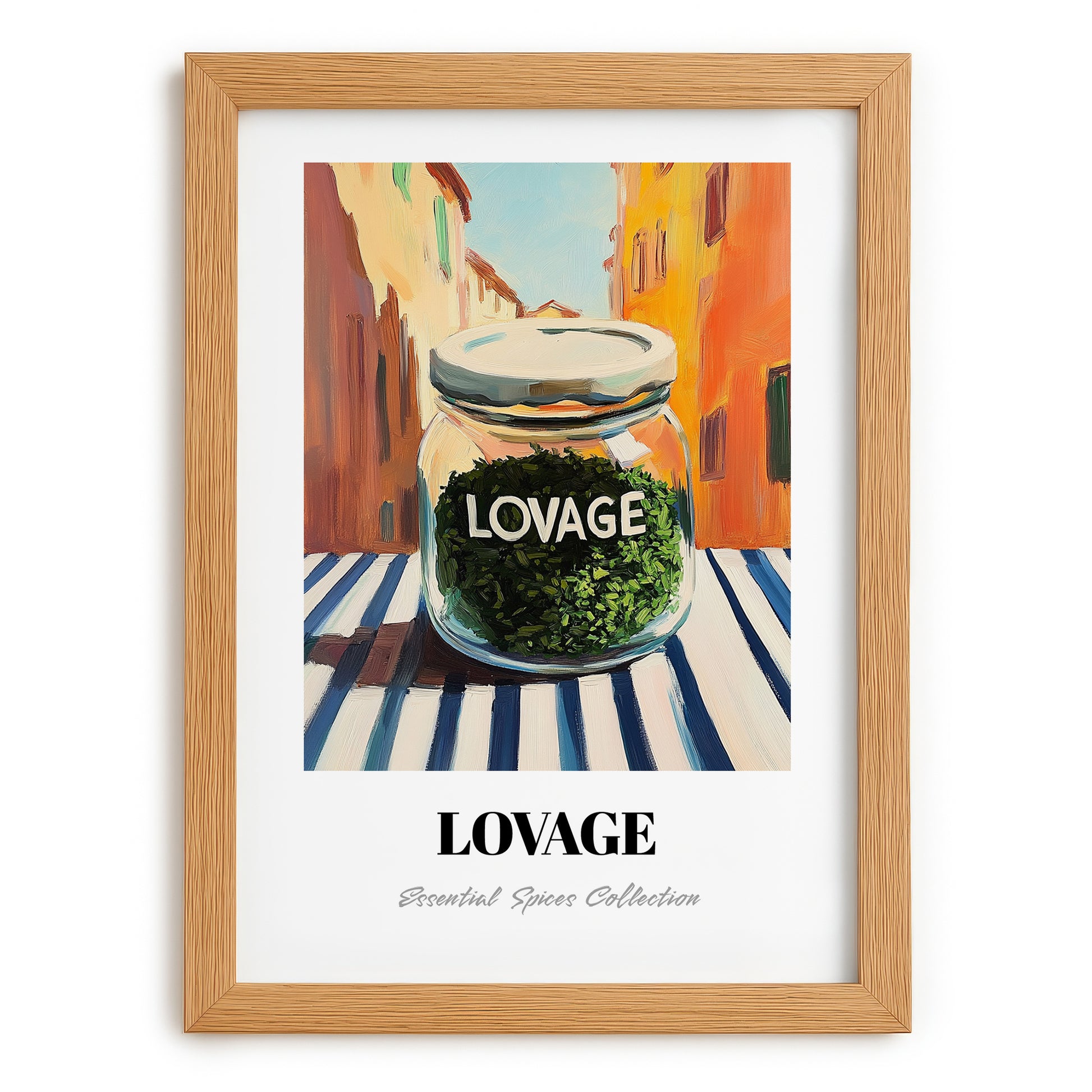 Lovage – Italian Urban Café Scene, Spices Illustration, set in oak frame