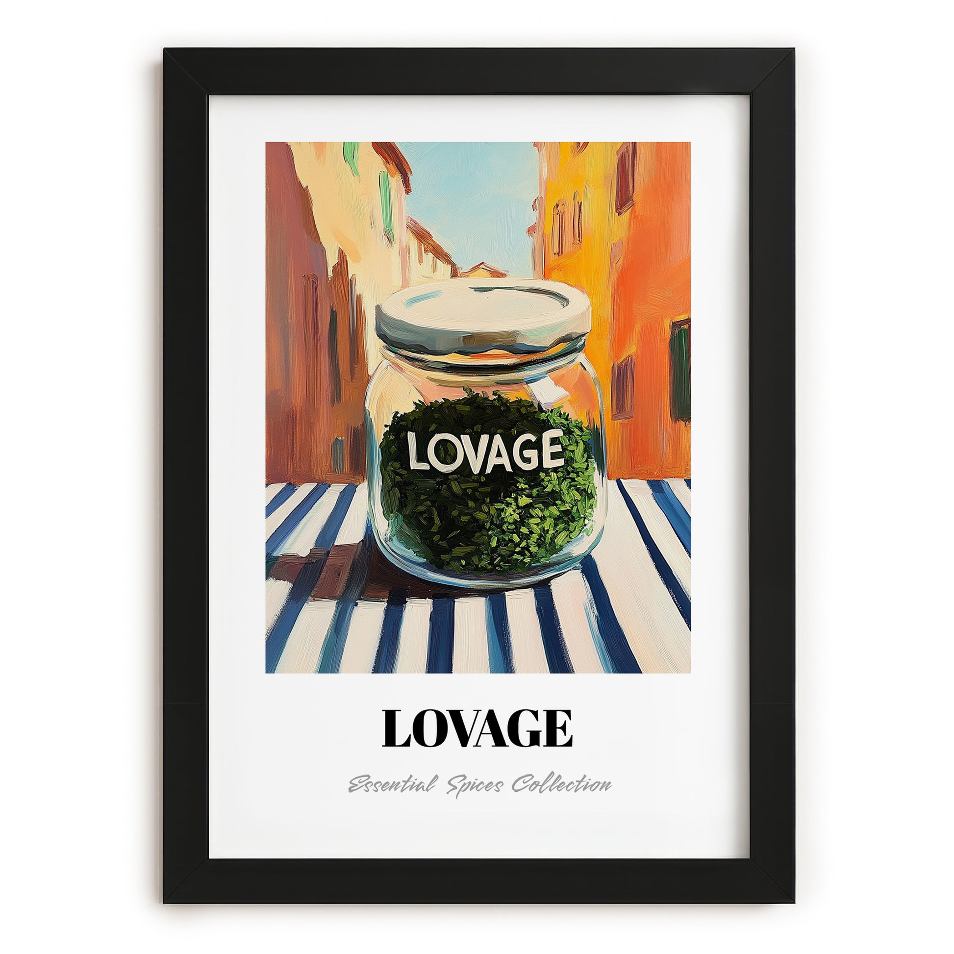 Lovage – Italian Urban Café Scene, Spices Illustration, in sleek black frame
