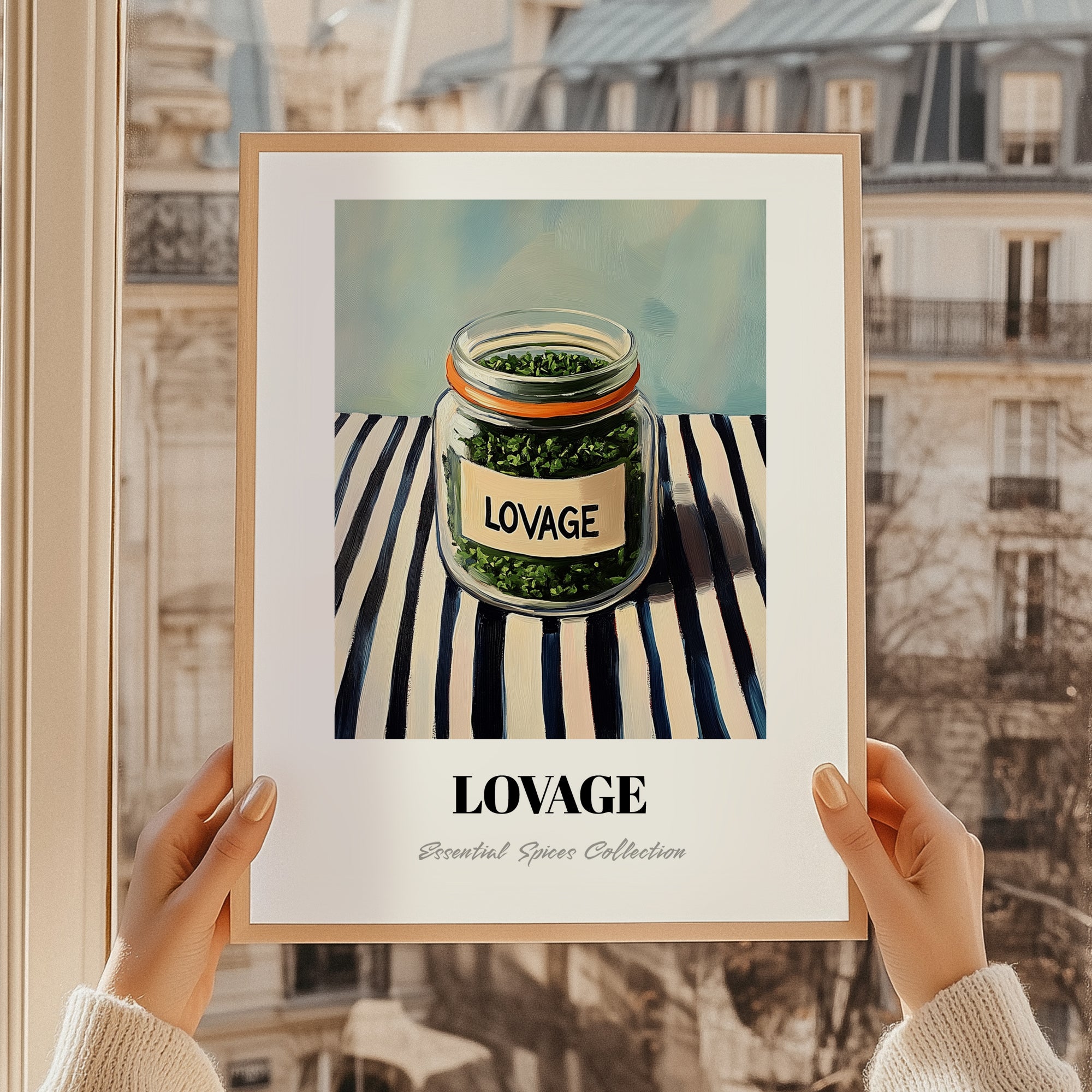 Lovage – on Striped Tablecloth, Spices Painting, styled in a charming Paris street view