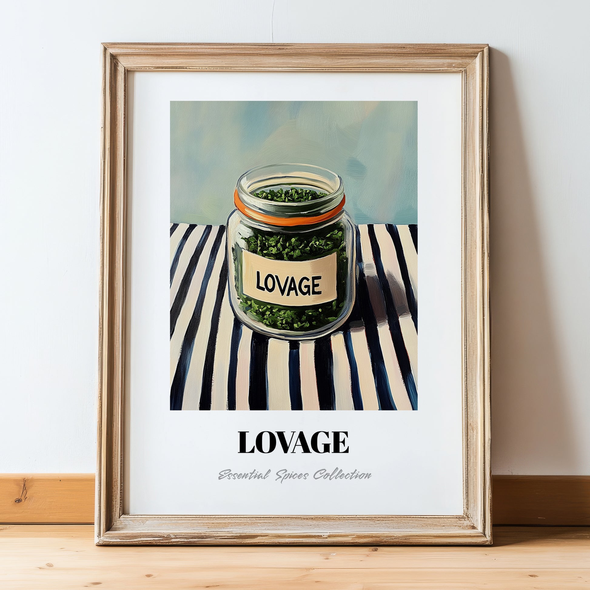 Lovage – on Striped Tablecloth, Spices Painting, in wooden frame leaning on the floor