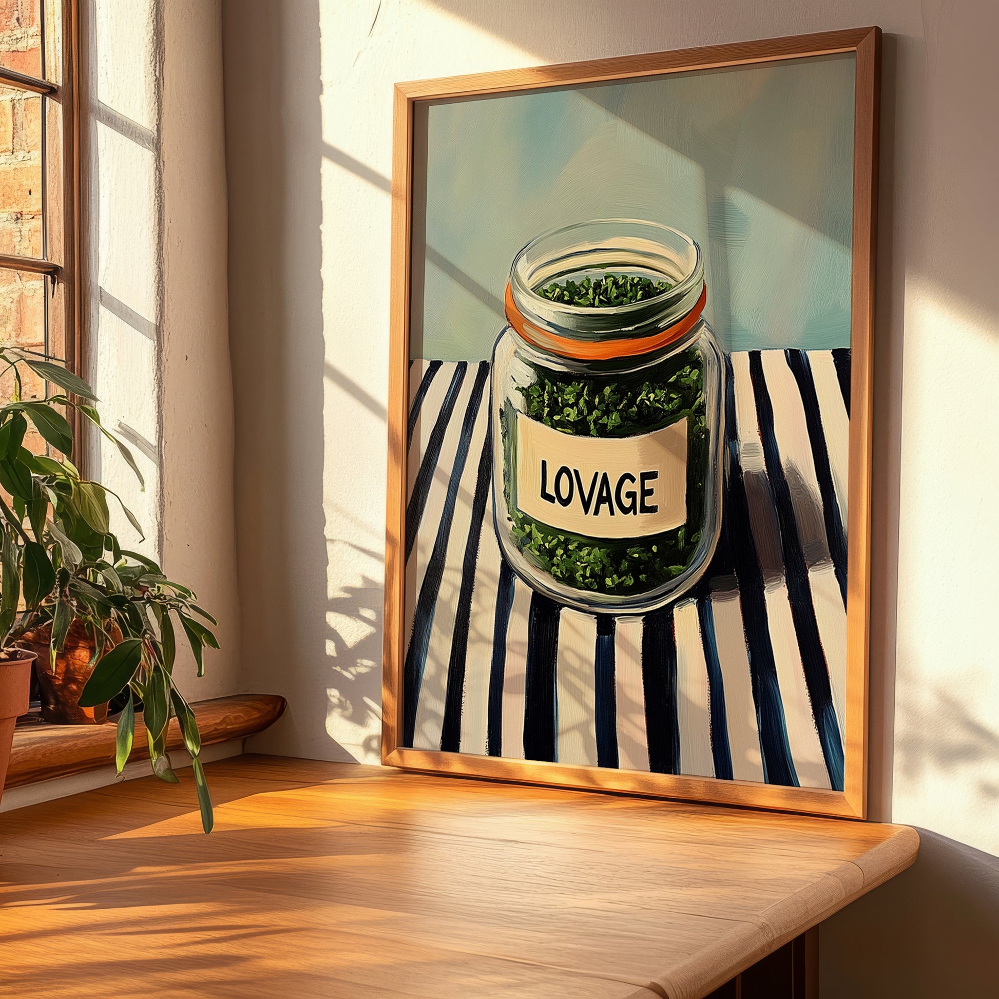 Lovage – on Striped Tablecloth, Spices Painting, clean layout with no caption