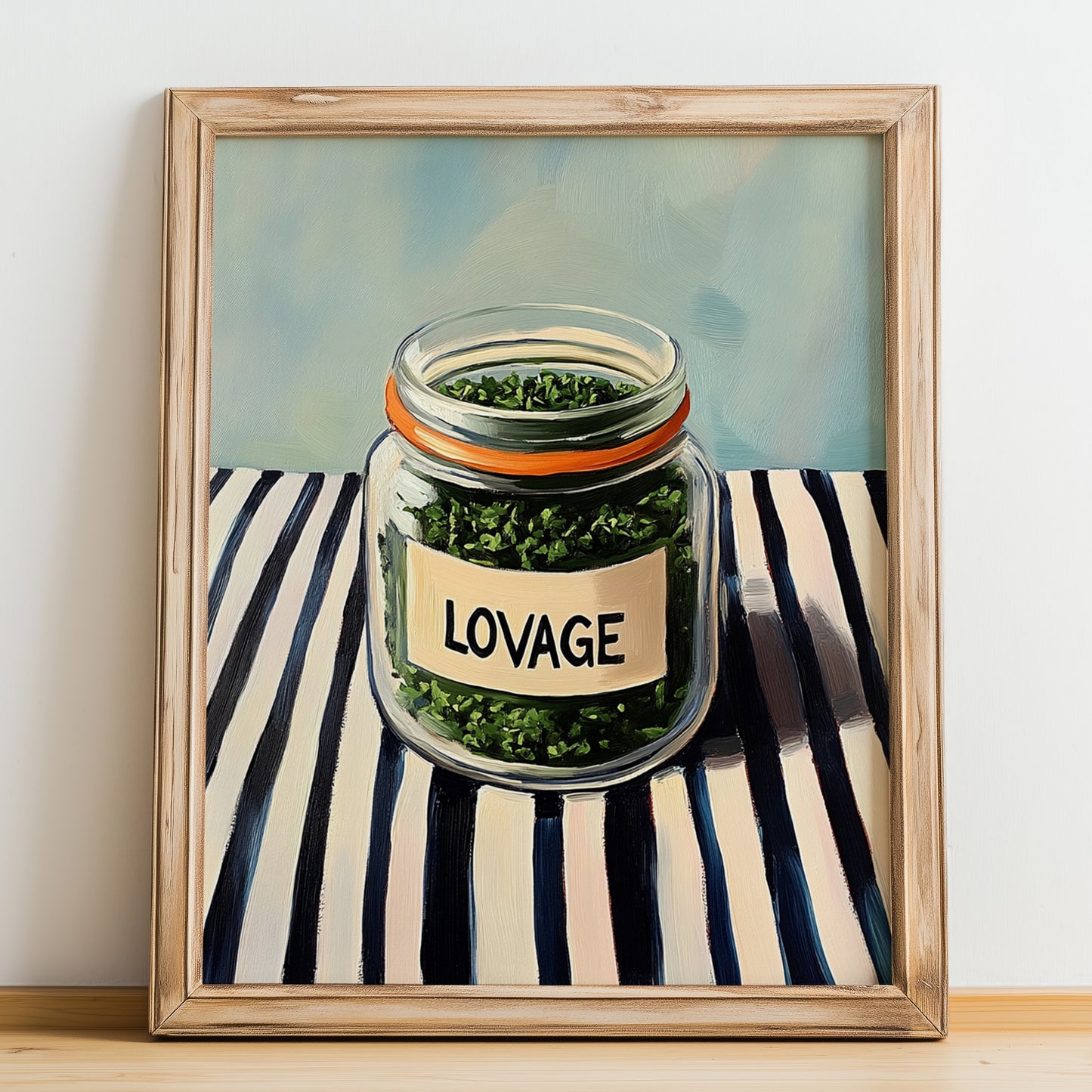 Lovage – on Striped Tablecloth, Spices Painting, no-text version framed in wood