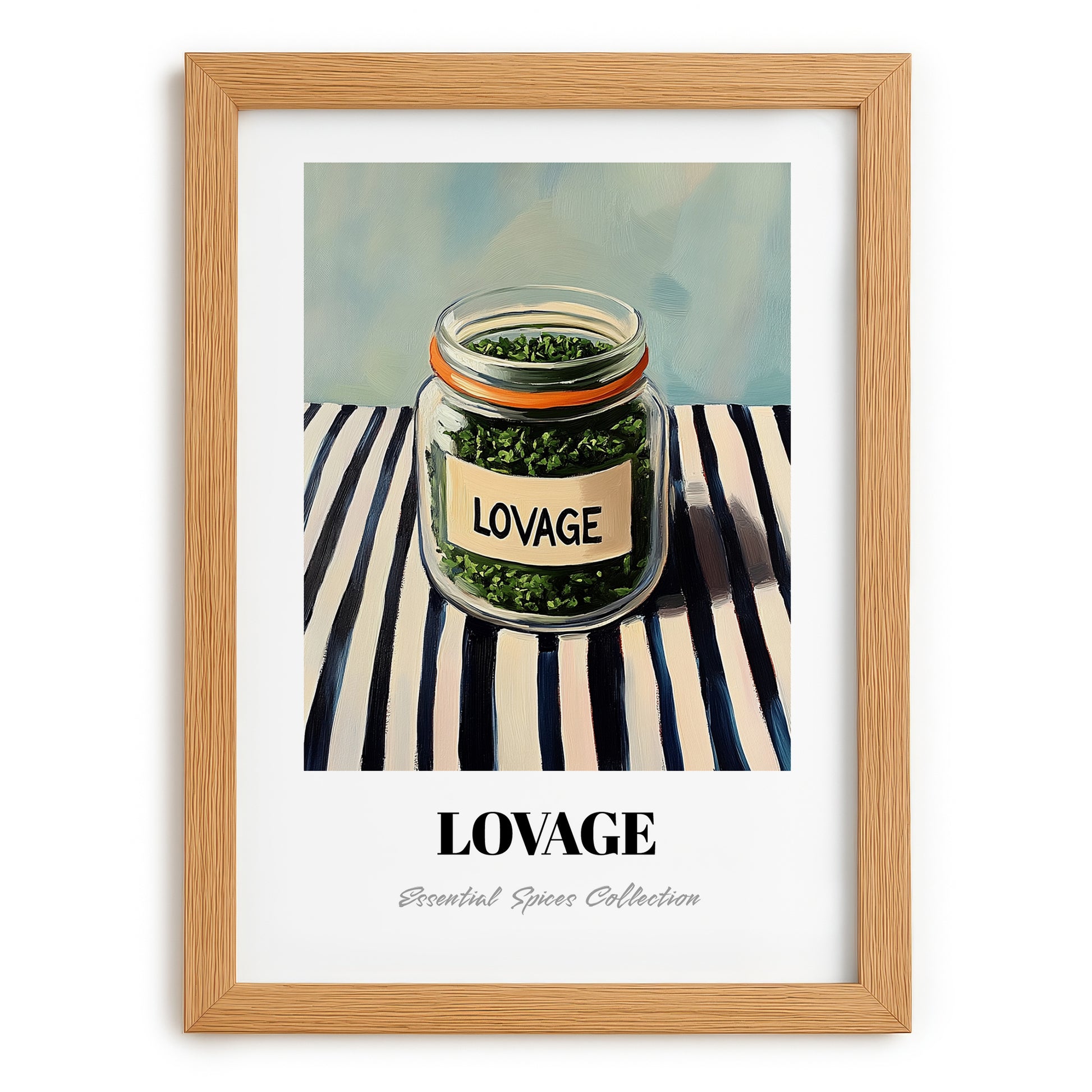 Lovage – on Striped Tablecloth, Spices Painting, set in oak frame