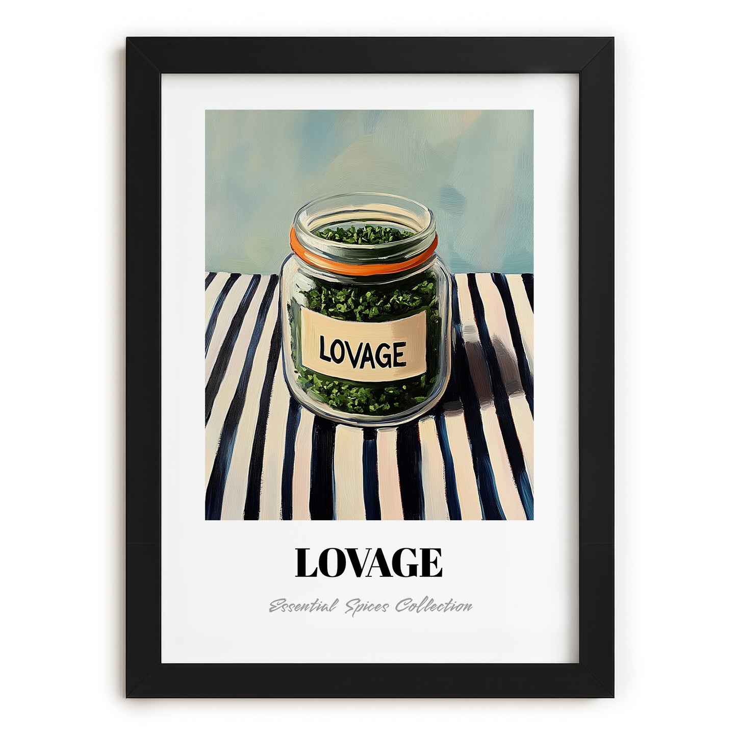 Lovage – on Striped Tablecloth, Spices Painting, in sleek black frame