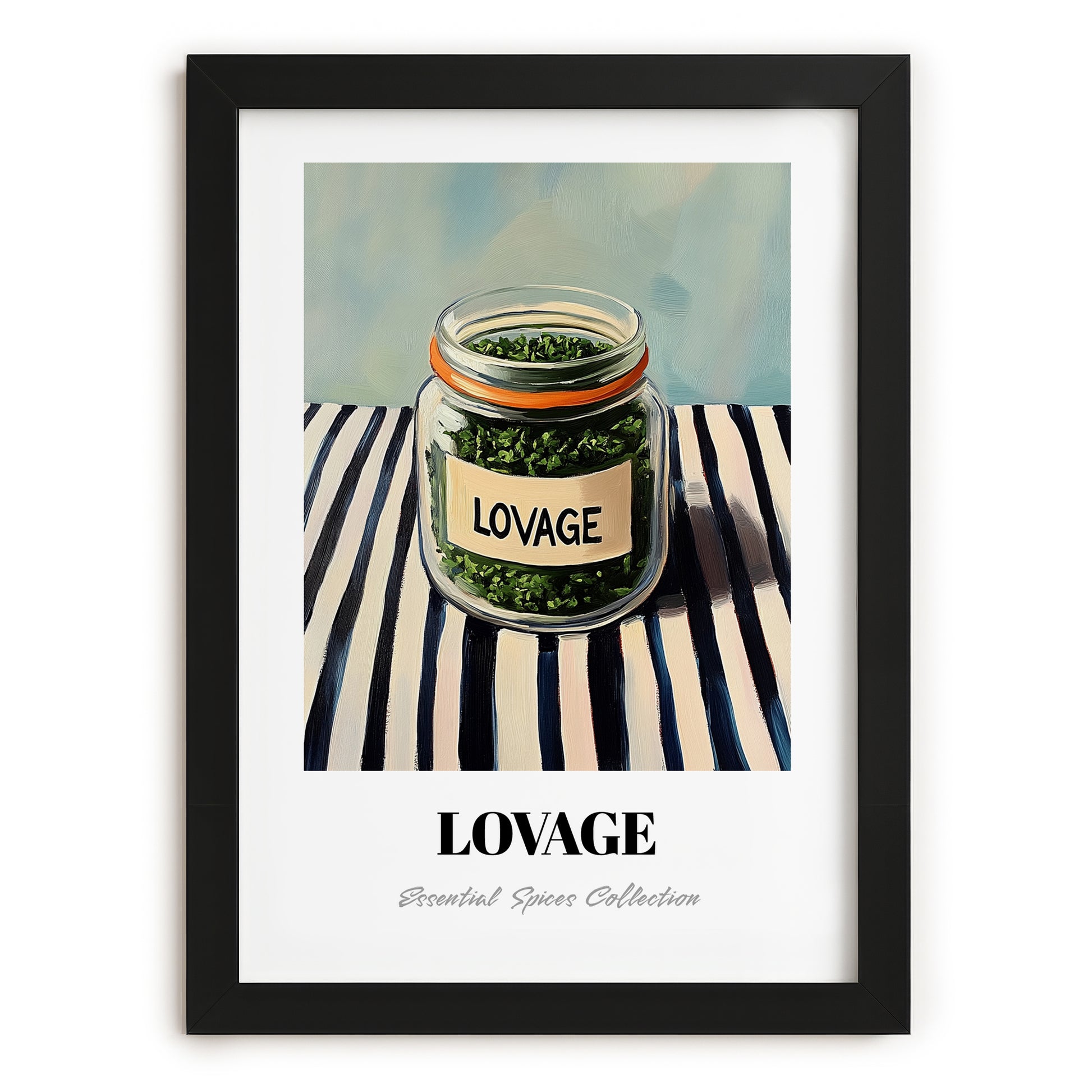 Lovage – on Striped Tablecloth, Spices Painting, in sleek black frame