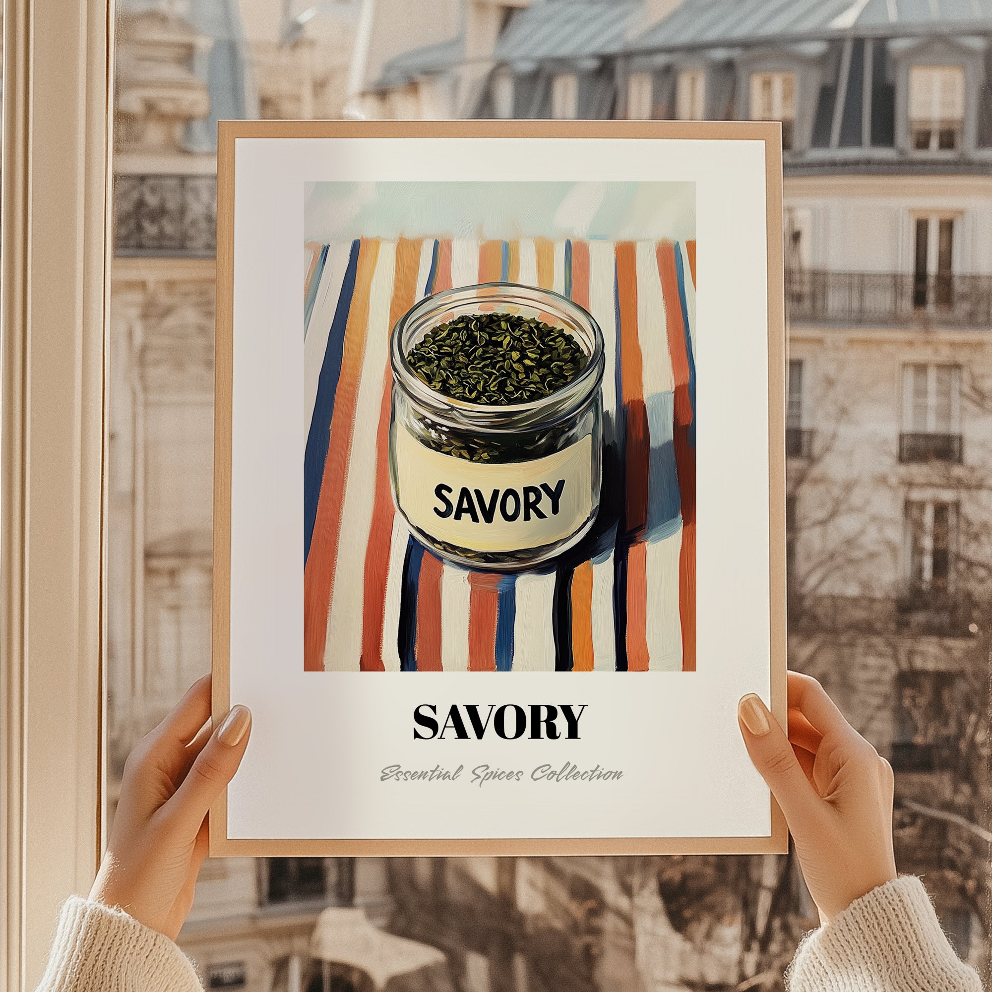 Savory – on Striped Tablecloth, Spices Still Life, styled in a charming Paris street view