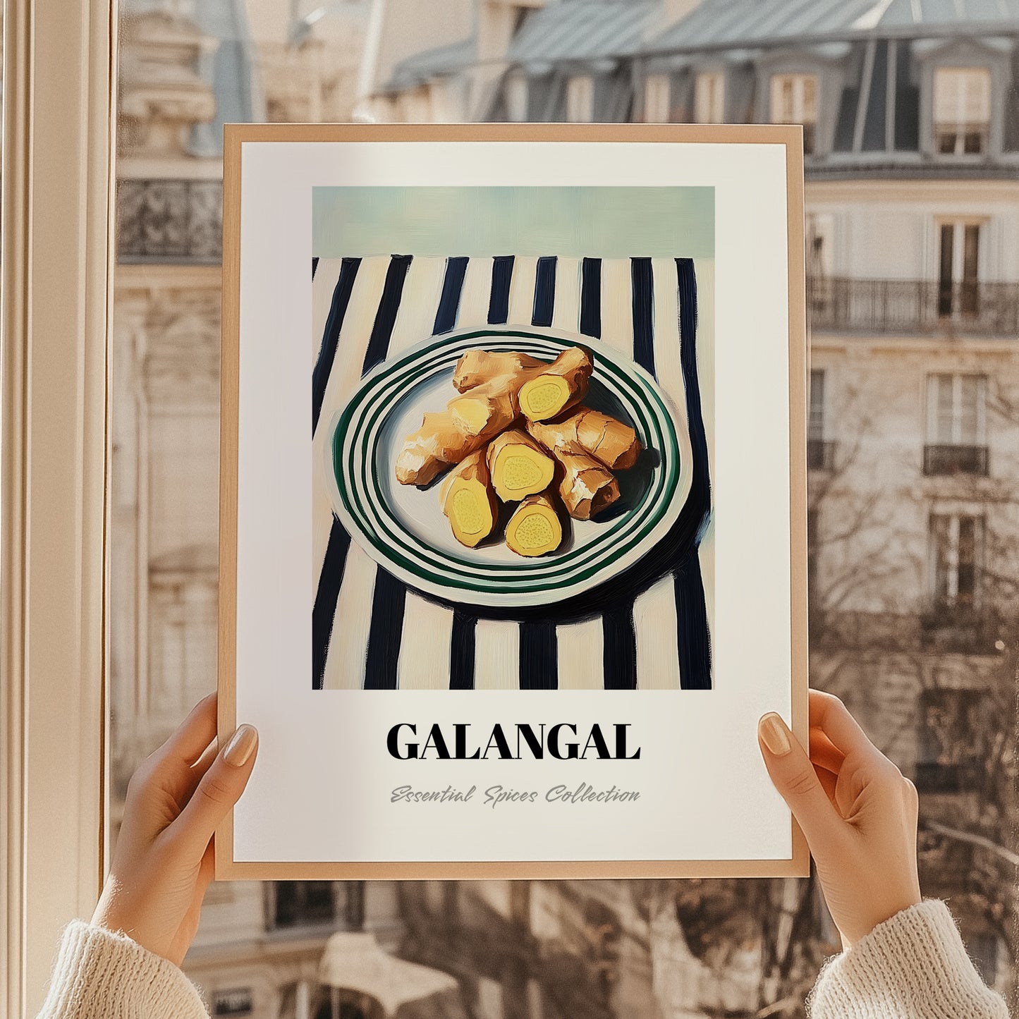 Galangal – on Striped Tablecloth, Spices Still Life, styled in a charming Paris street view