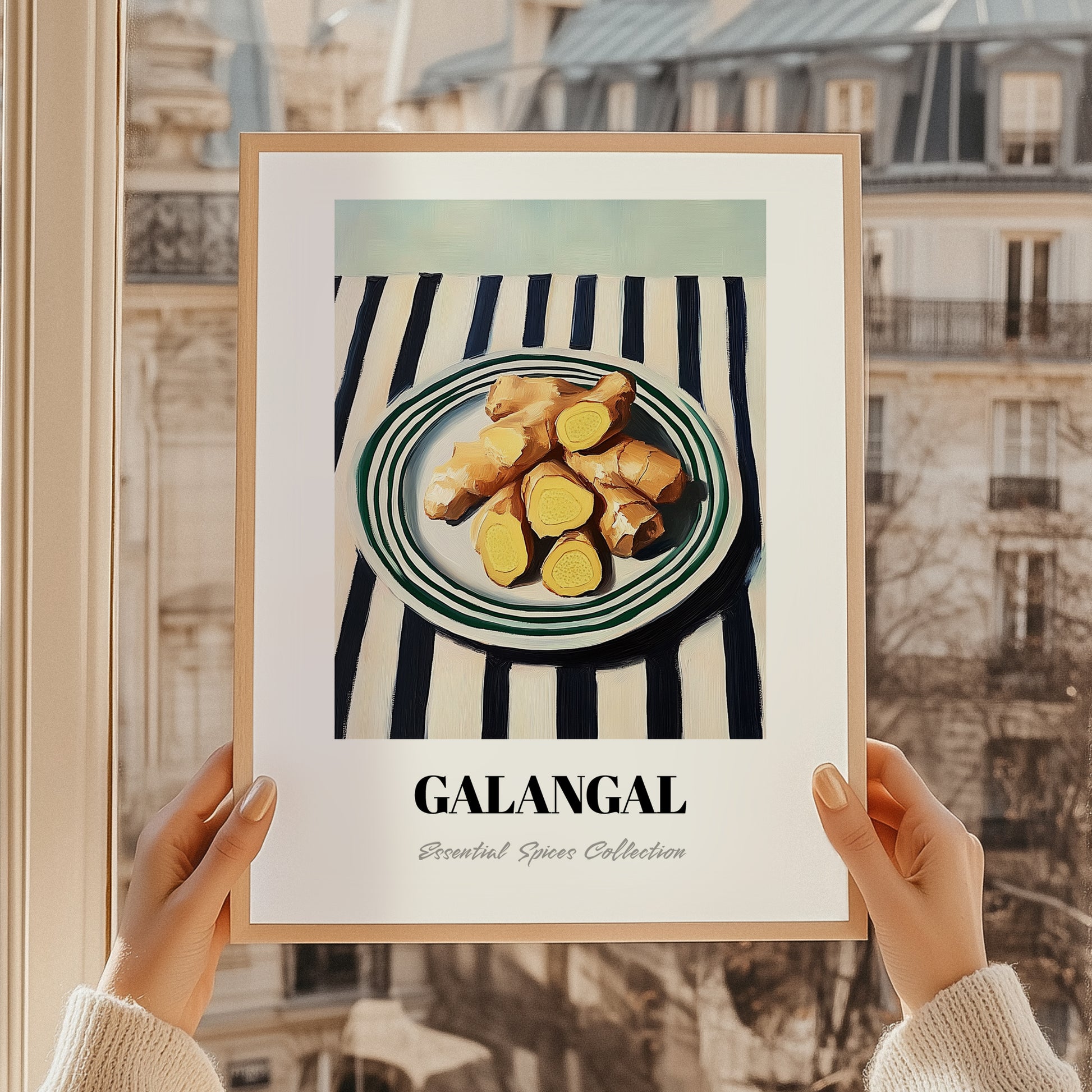 Galangal – on Striped Tablecloth, Spices Still Life, styled in a charming Paris street view