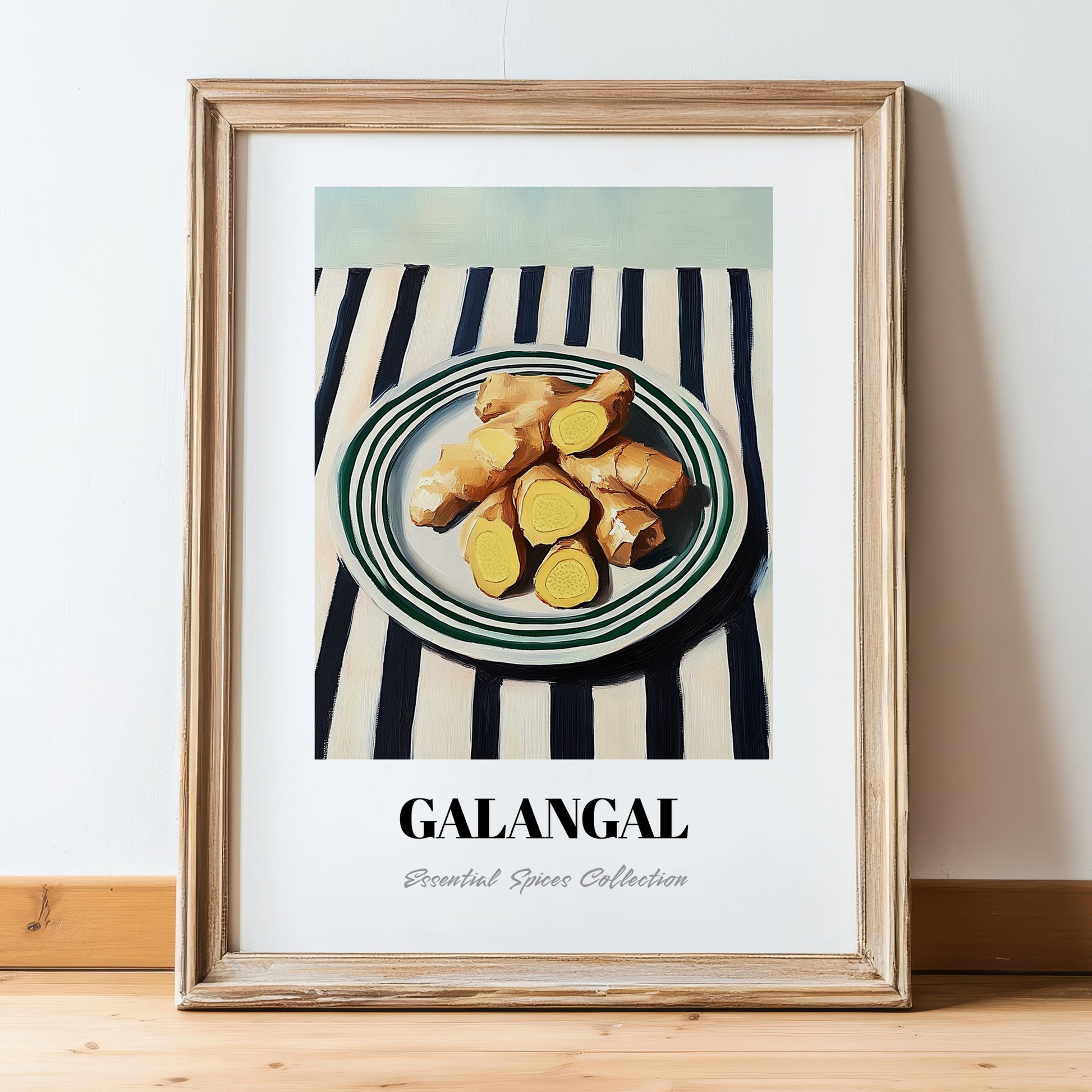 Galangal – on Striped Tablecloth, Spices Still Life, in wooden frame leaning on the floor
