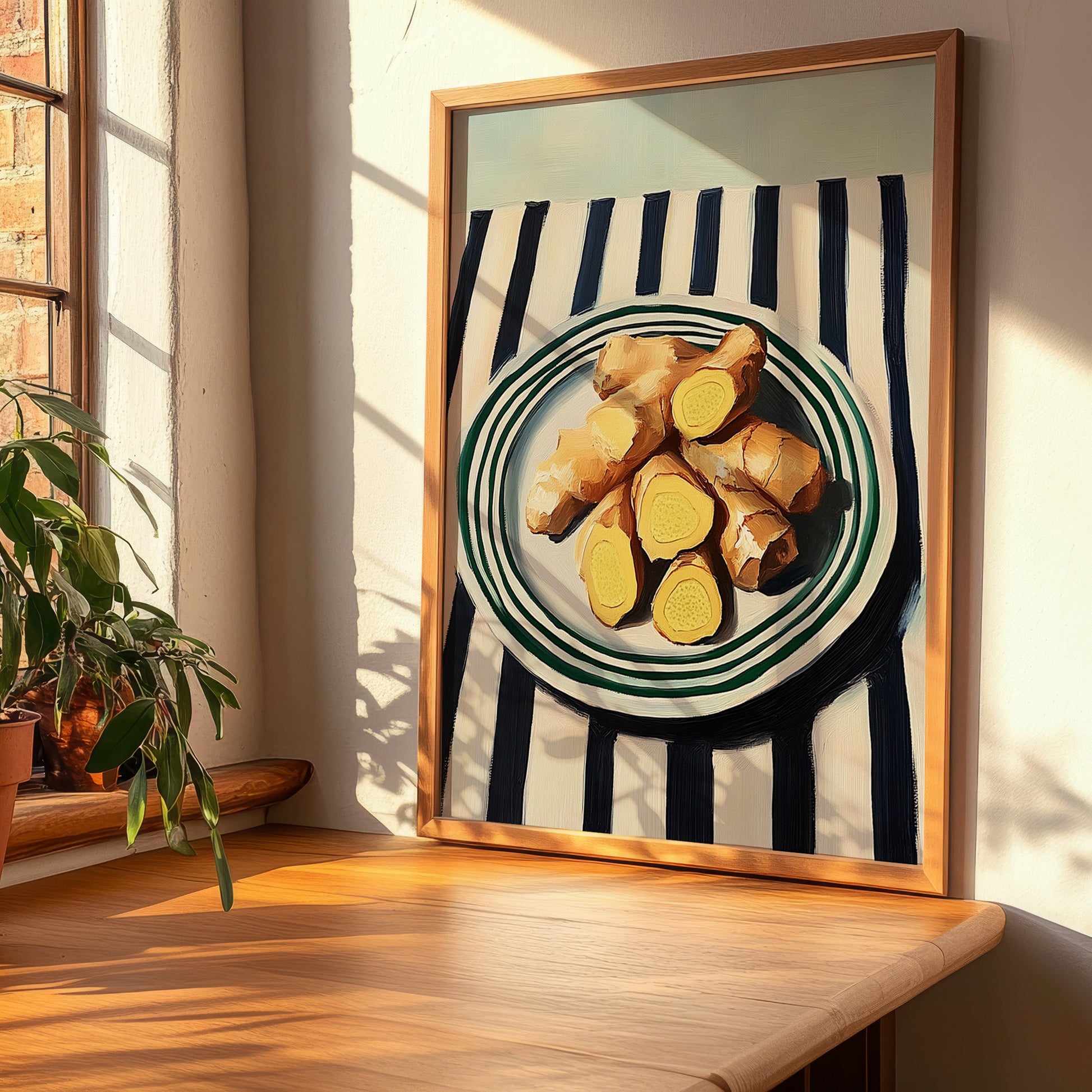 Galangal – on Striped Tablecloth, Spices Still Life, clean layout with no caption