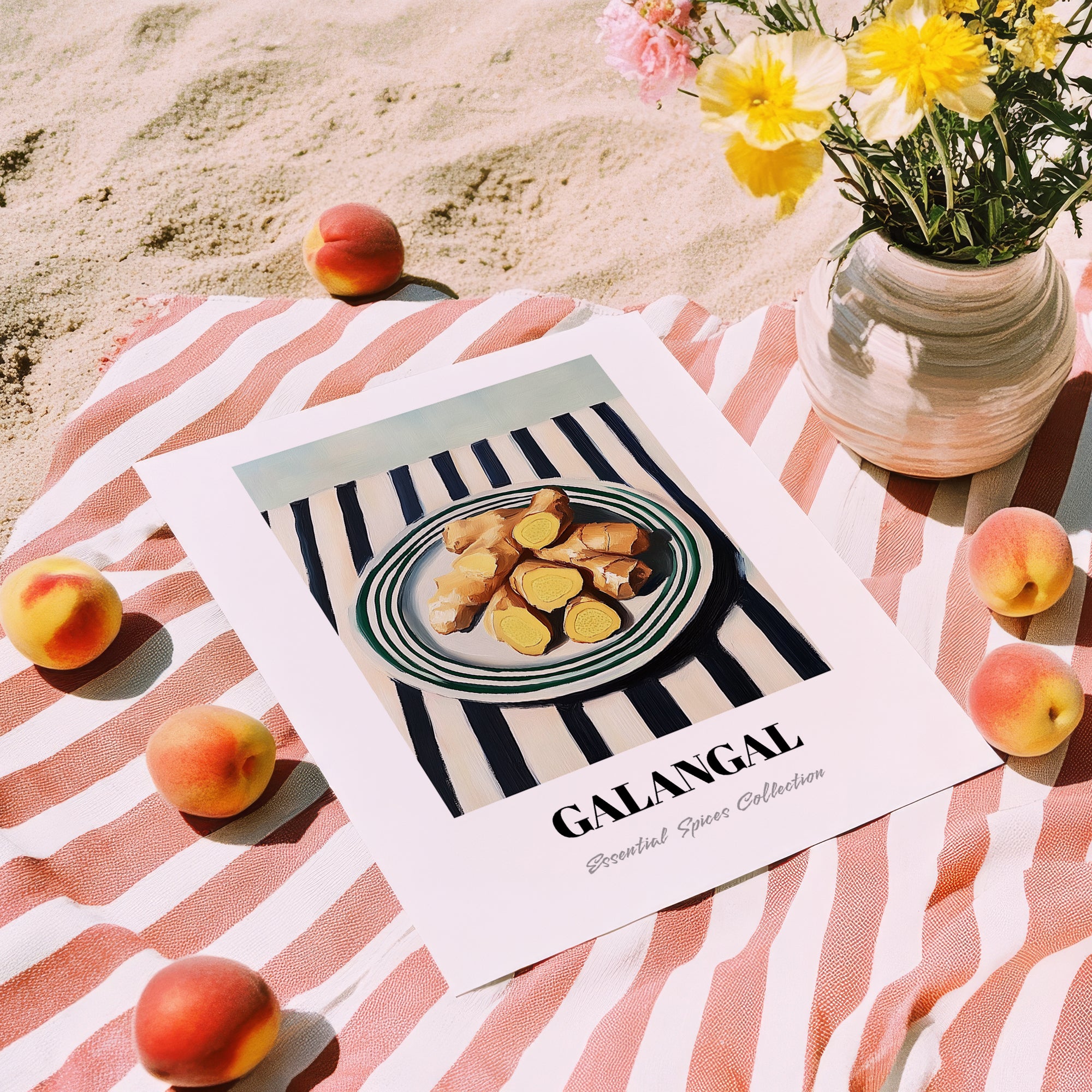 Galangal – on Striped Tablecloth, Spices Still Life, unframed on coastal sand