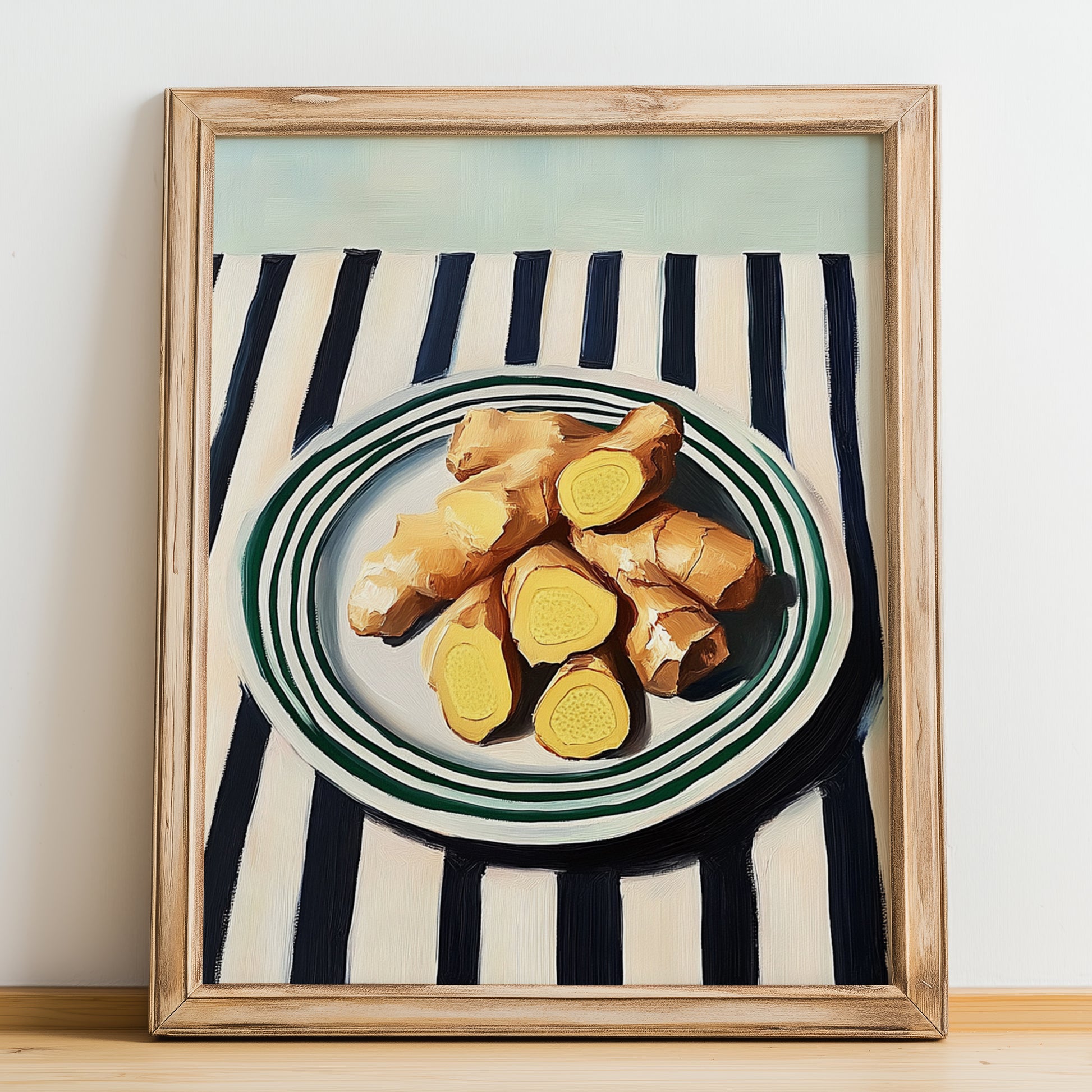Galangal – on Striped Tablecloth, Spices Still Life, no-text version framed in wood