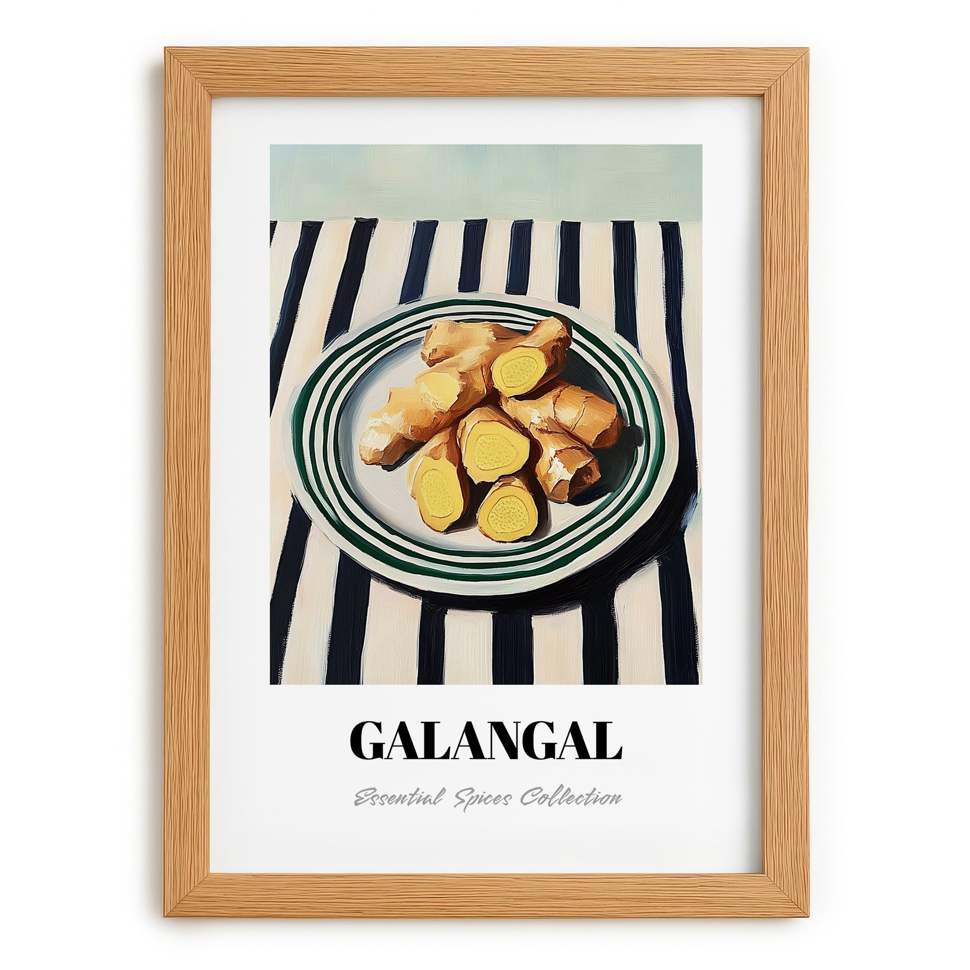 Galangal – on Striped Tablecloth, Spices Still Life, set in oak frame