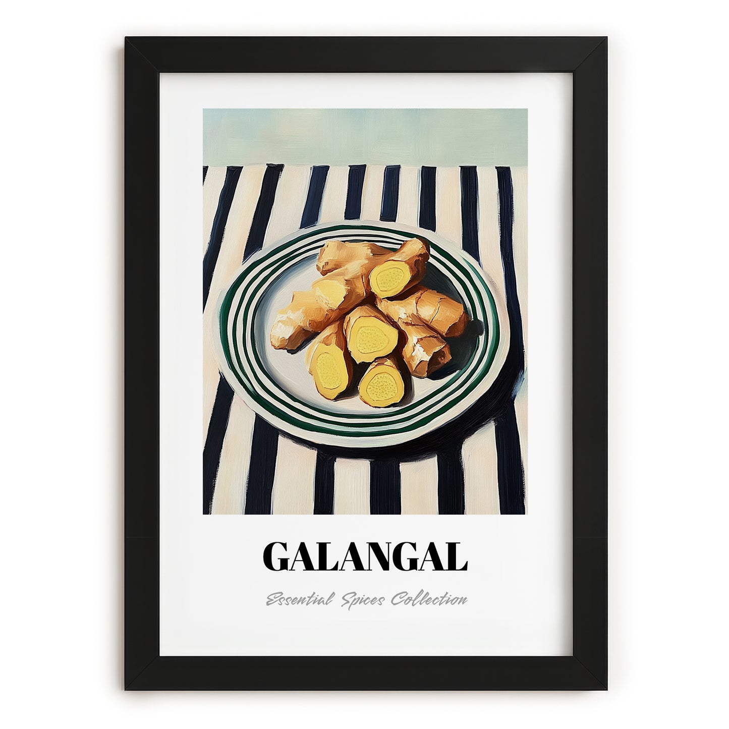 Galangal – on Striped Tablecloth, Spices Still Life, in sleek black frame