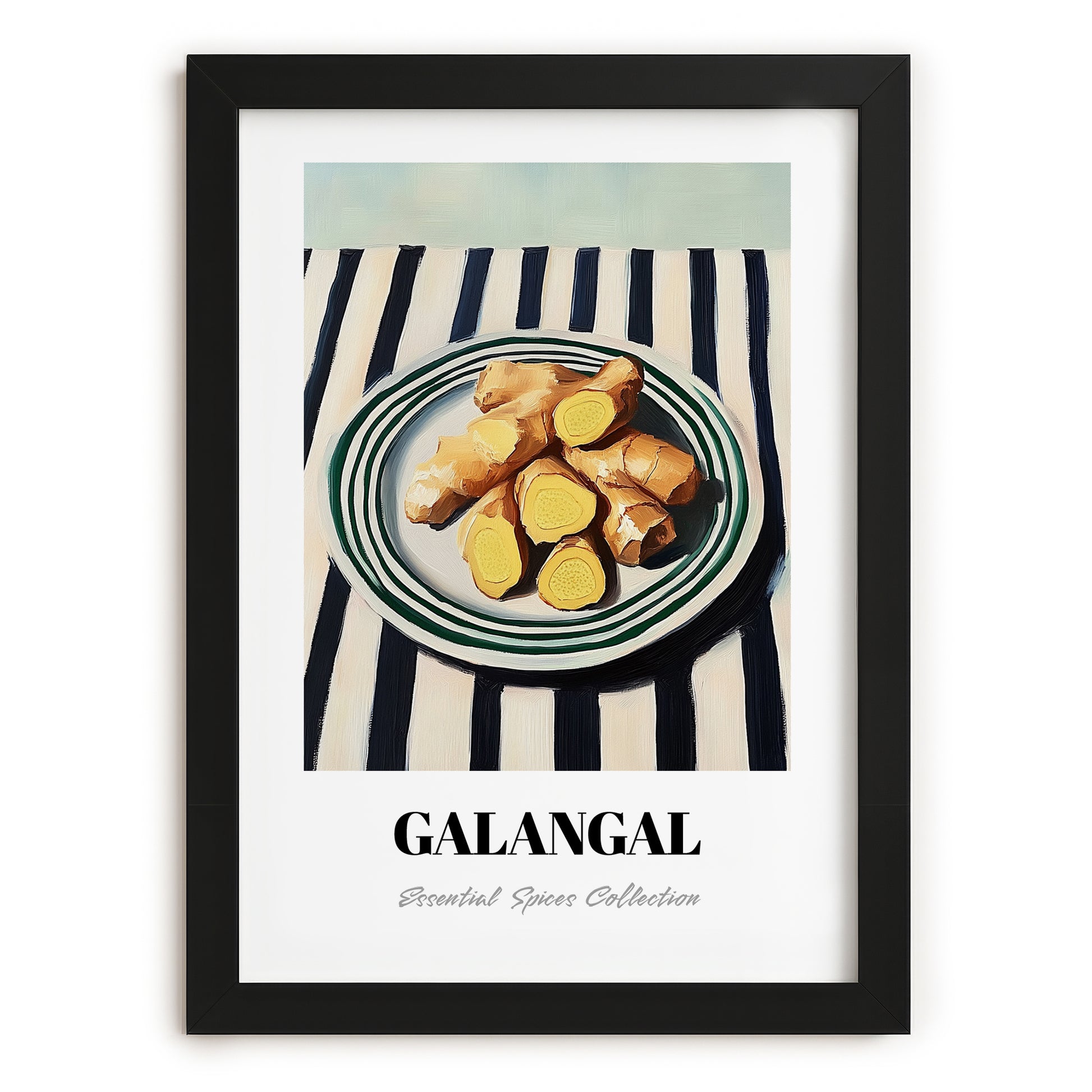 Galangal – on Striped Tablecloth, Spices Still Life, in sleek black frame