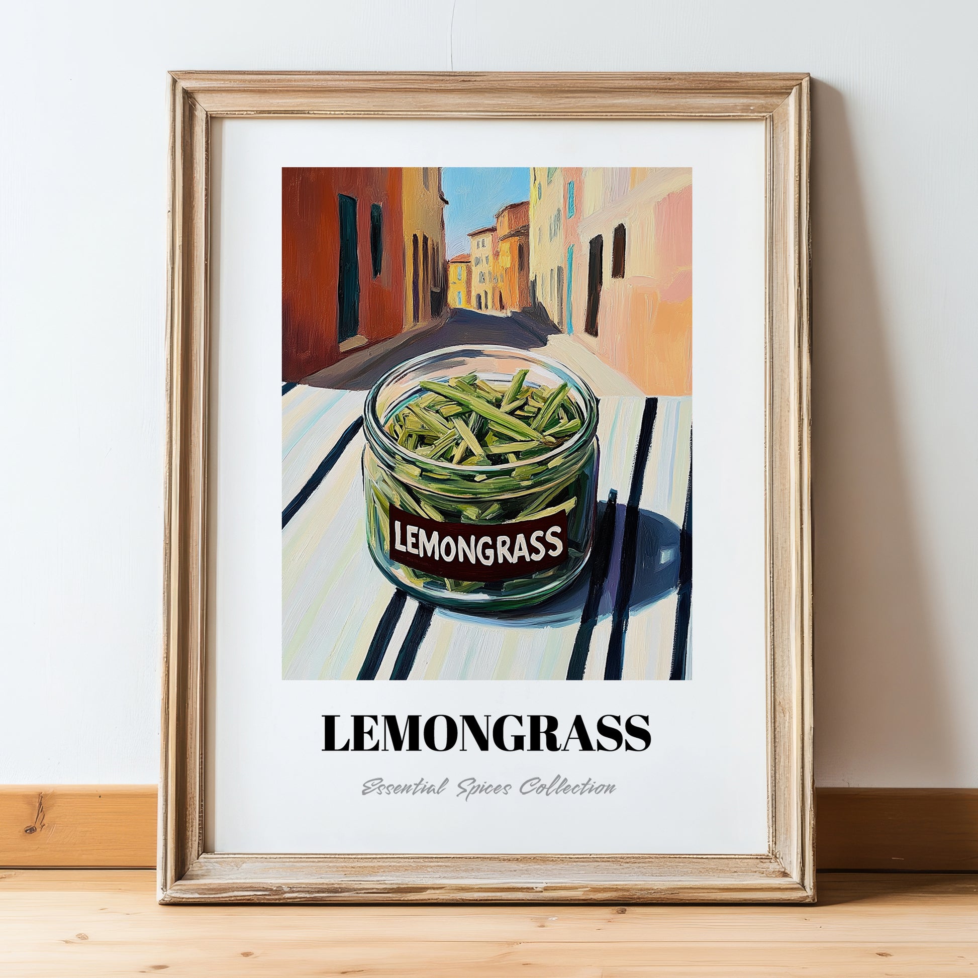 Lemongrass – Italian Street Café Scene, Spices Wall Illustration, in wooden frame leaning on the floor
