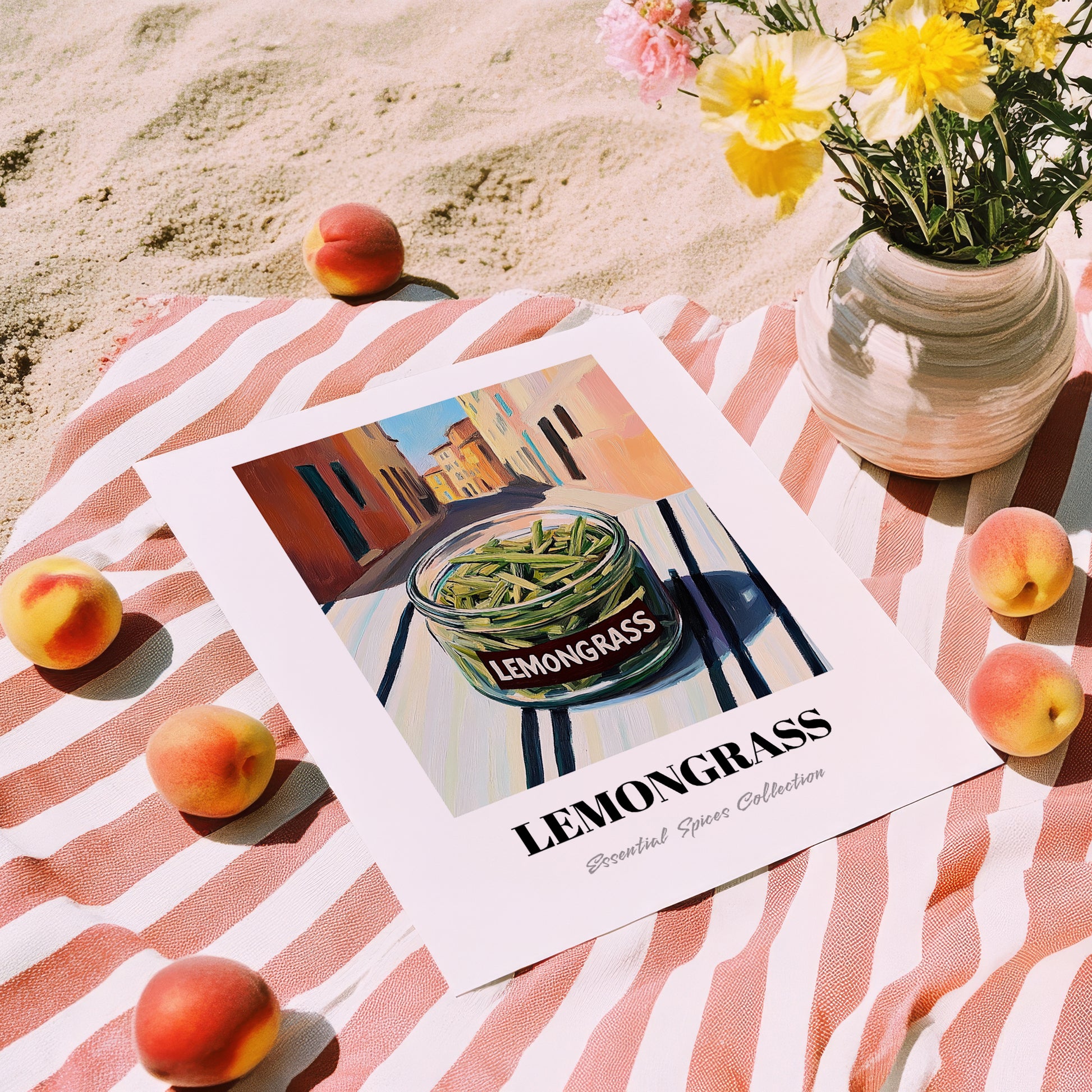 Lemongrass – Italian Street Café Scene, Spices Wall Illustration, unframed on coastal sand