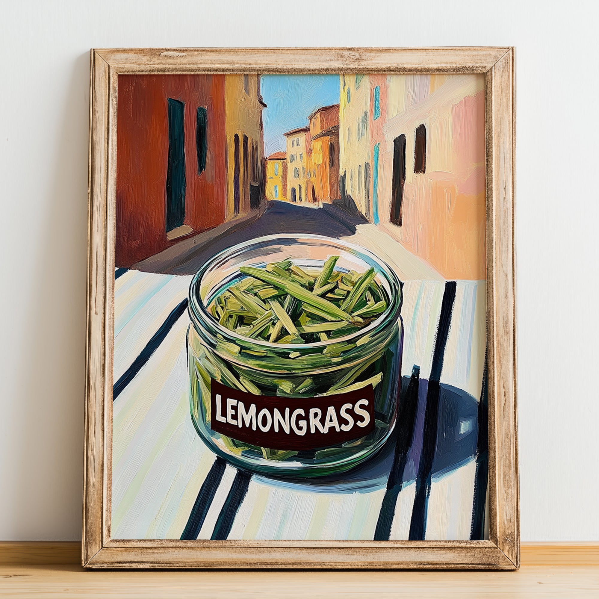Lemongrass – Italian Street Café Scene, Spices Wall Illustration, no-text version framed in wood