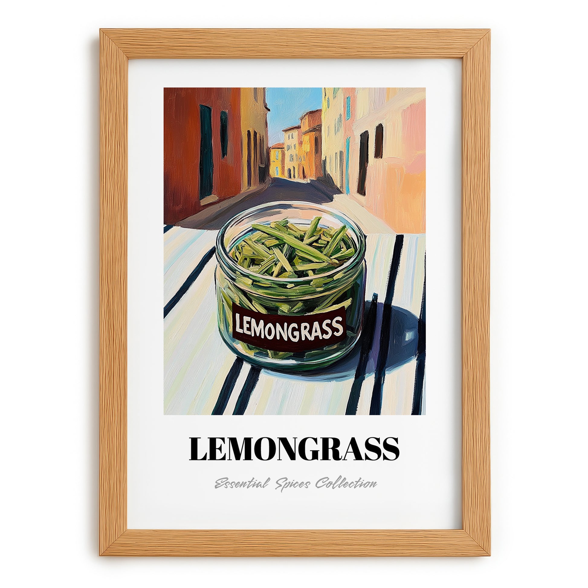 Lemongrass – Italian Street Café Scene, Spices Wall Illustration, set in oak frame