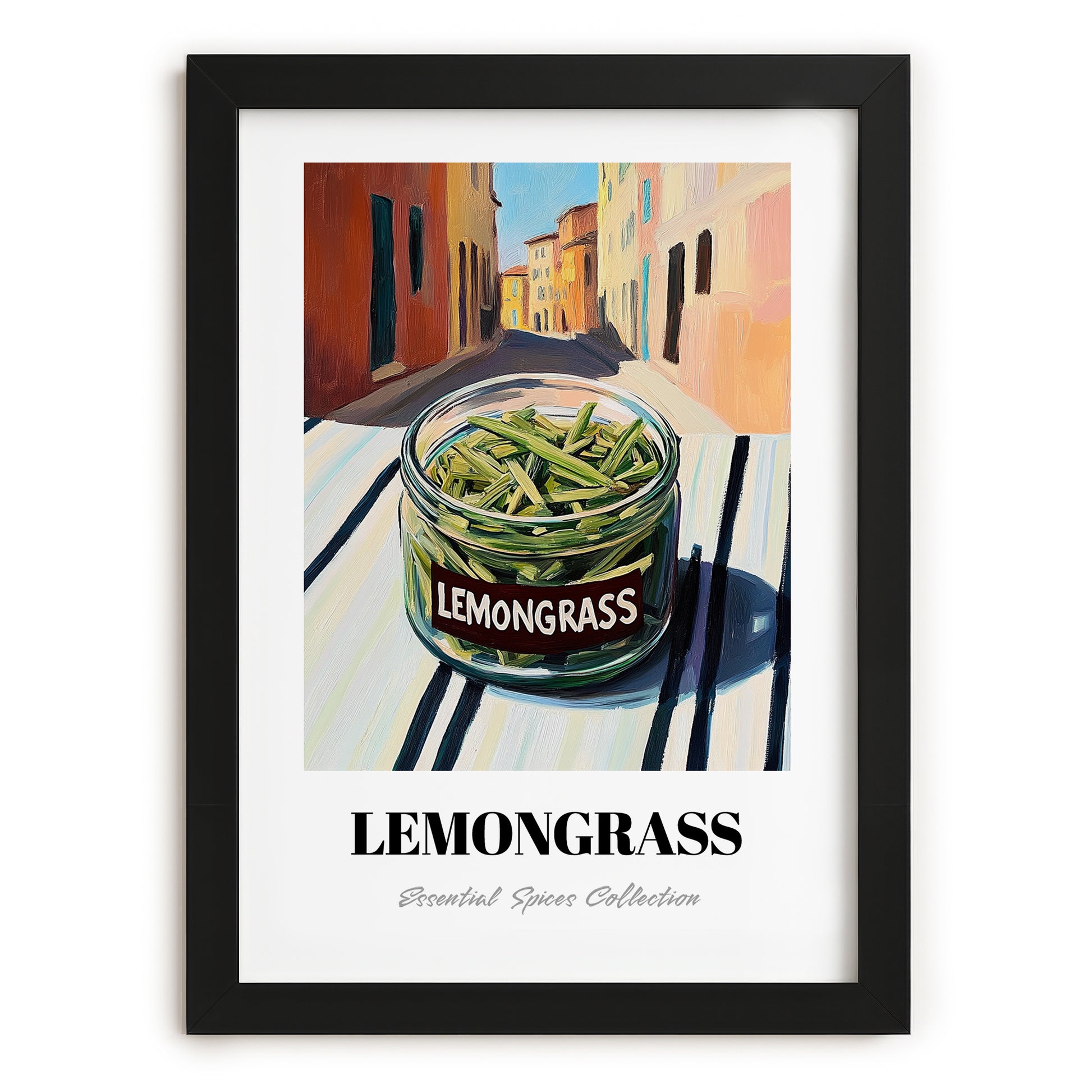 Lemongrass – Italian Street Café Scene, Spices Wall Illustration, in sleek black frame