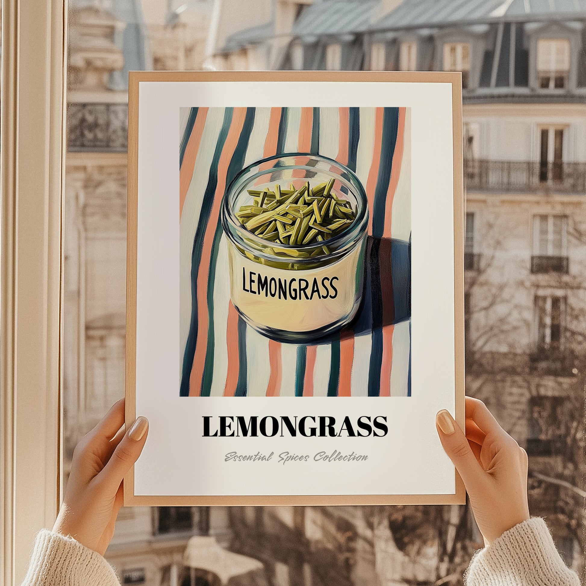 Lemongrass – on Striped Tablecloth, Spices Illustration, styled in a charming Paris street view