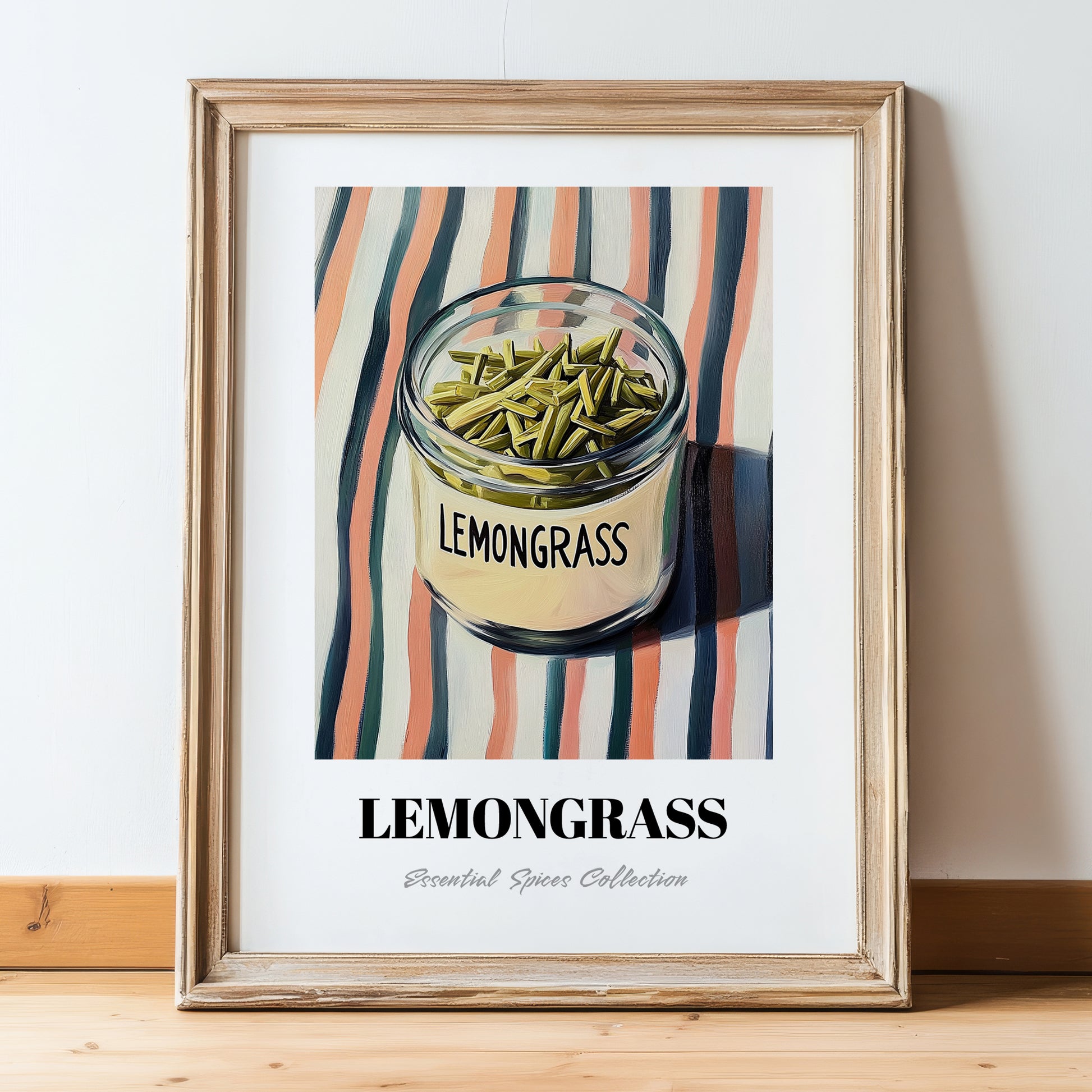 Lemongrass – on Striped Tablecloth, Spices Illustration, in wooden frame leaning on the floor