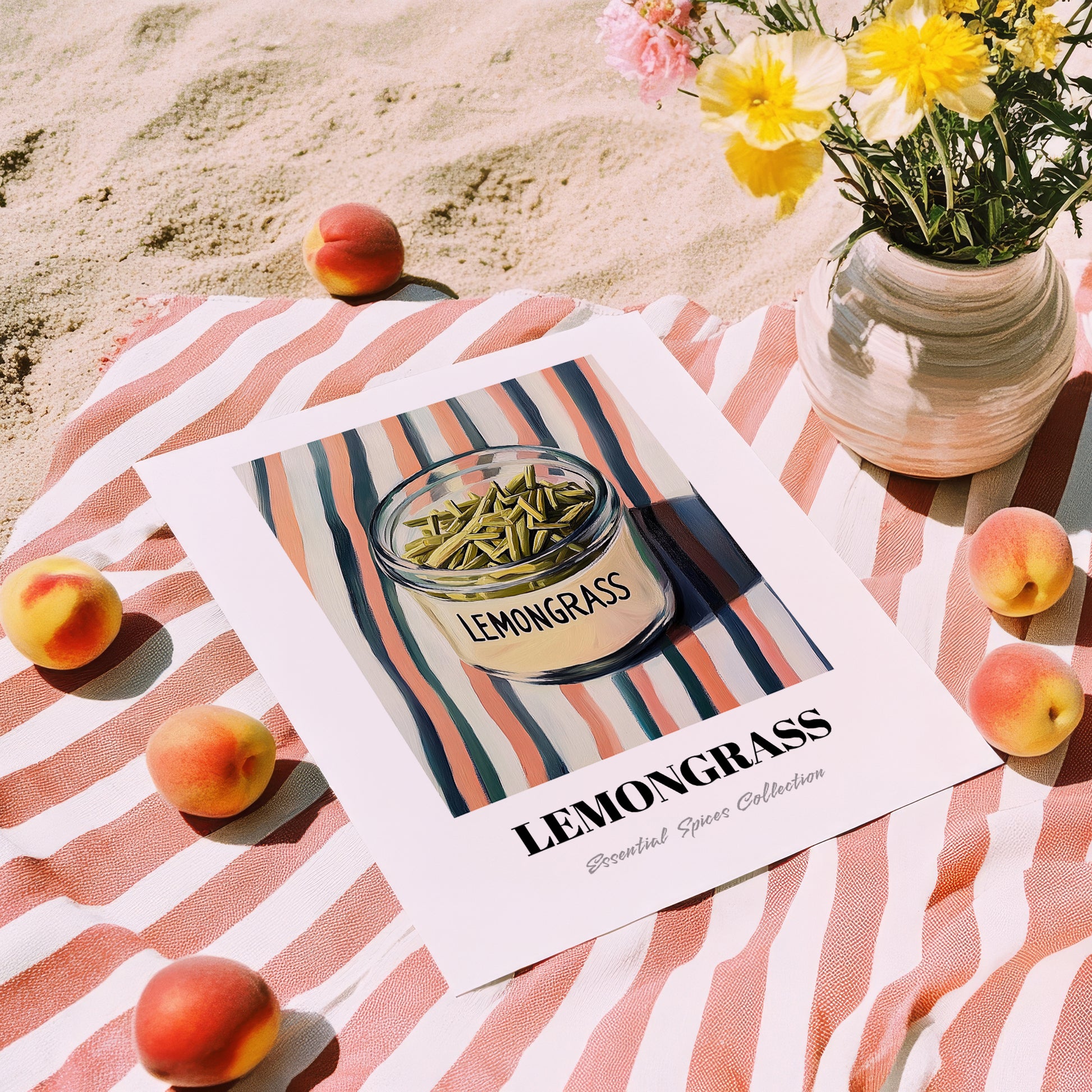 Lemongrass – on Striped Tablecloth, Spices Illustration, unframed on coastal sand