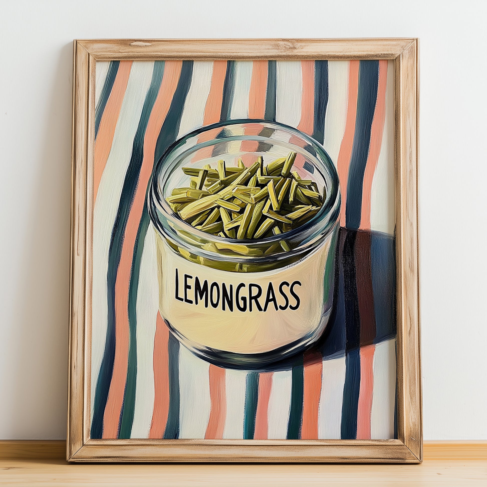Lemongrass – on Striped Tablecloth, Spices Illustration, no-text version framed in wood