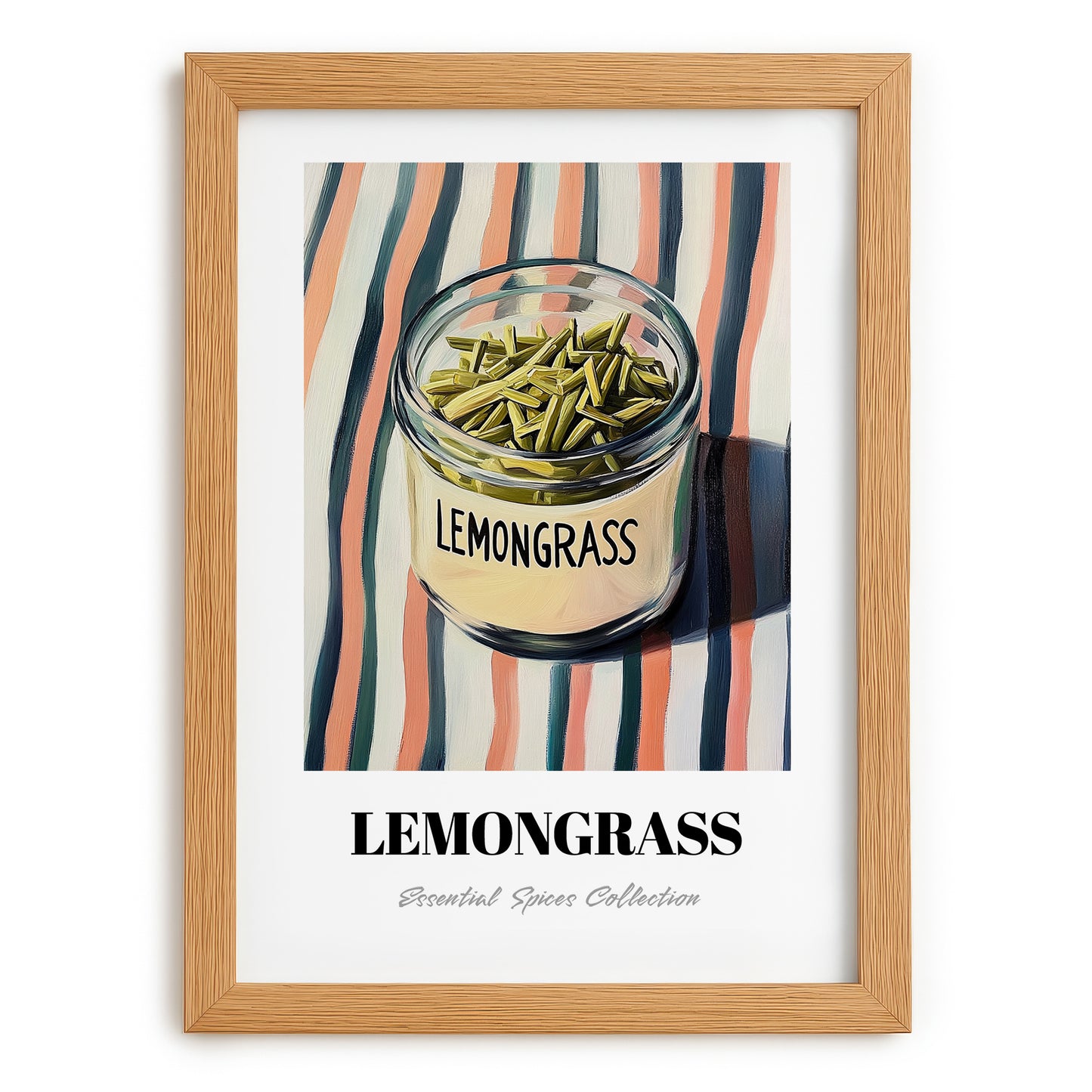 Lemongrass – on Striped Tablecloth, Spices Illustration, set in oak frame