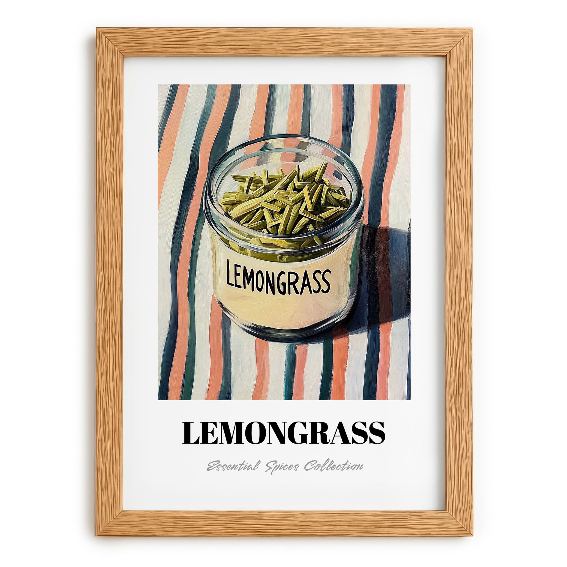 Lemongrass – on Striped Tablecloth, Spices Illustration, set in oak frame