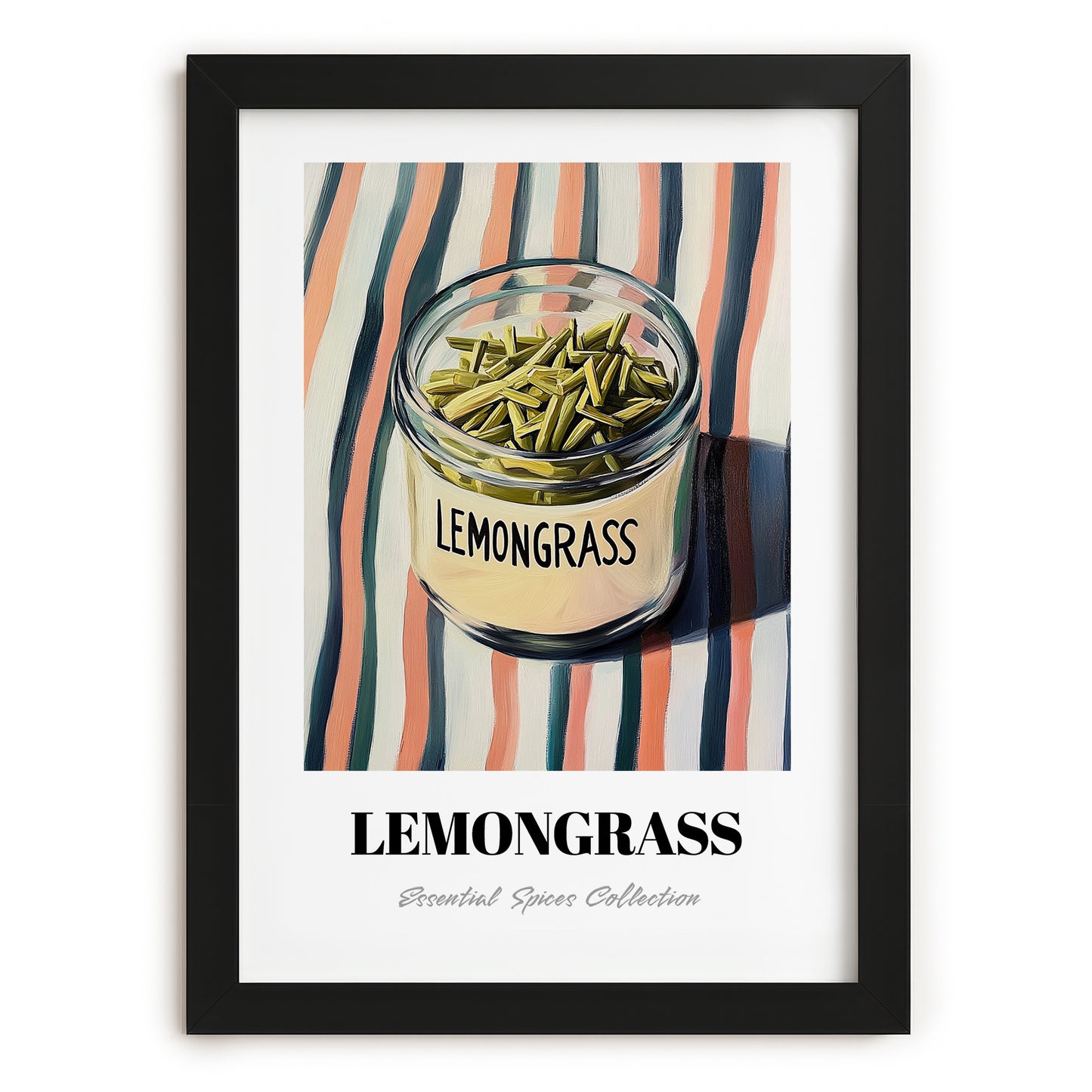Lemongrass – on Striped Tablecloth, Spices Illustration, in sleek black frame