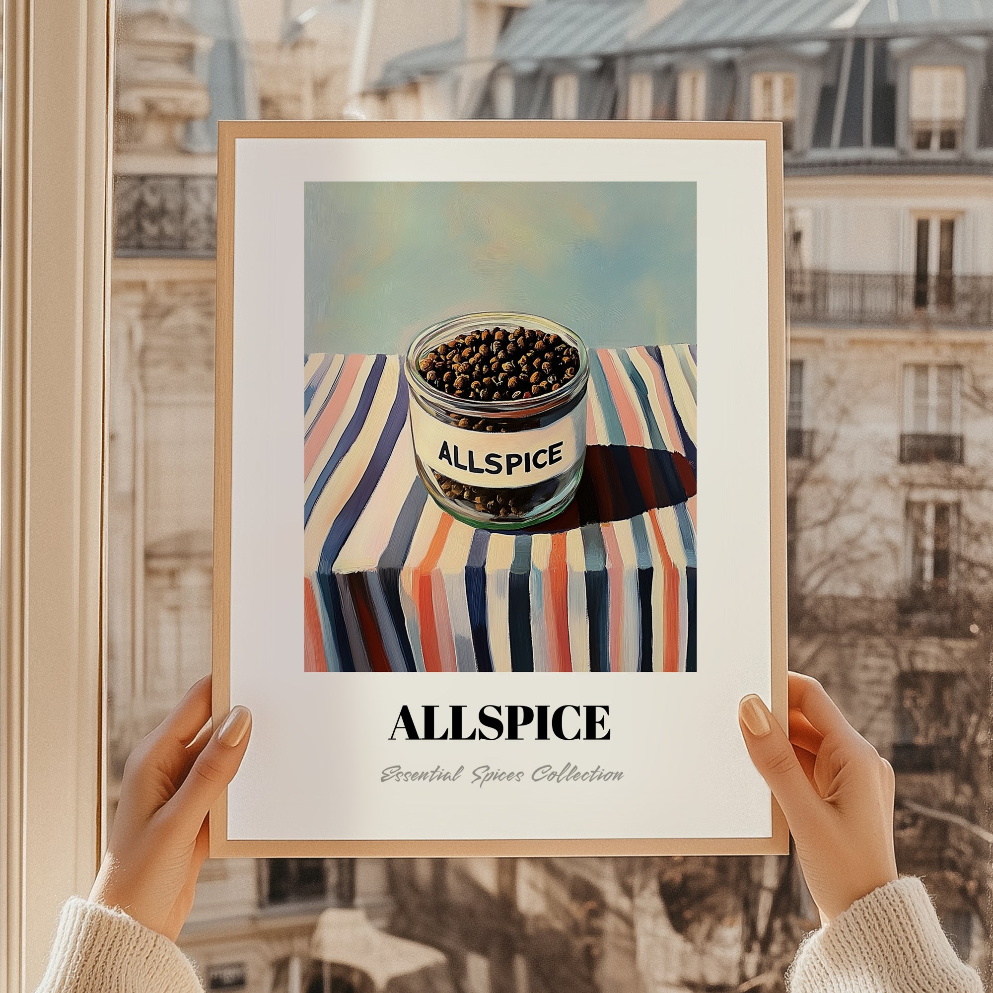 Allspice – on Striped Tablecloth, Spices Painting, styled in a charming Paris street view