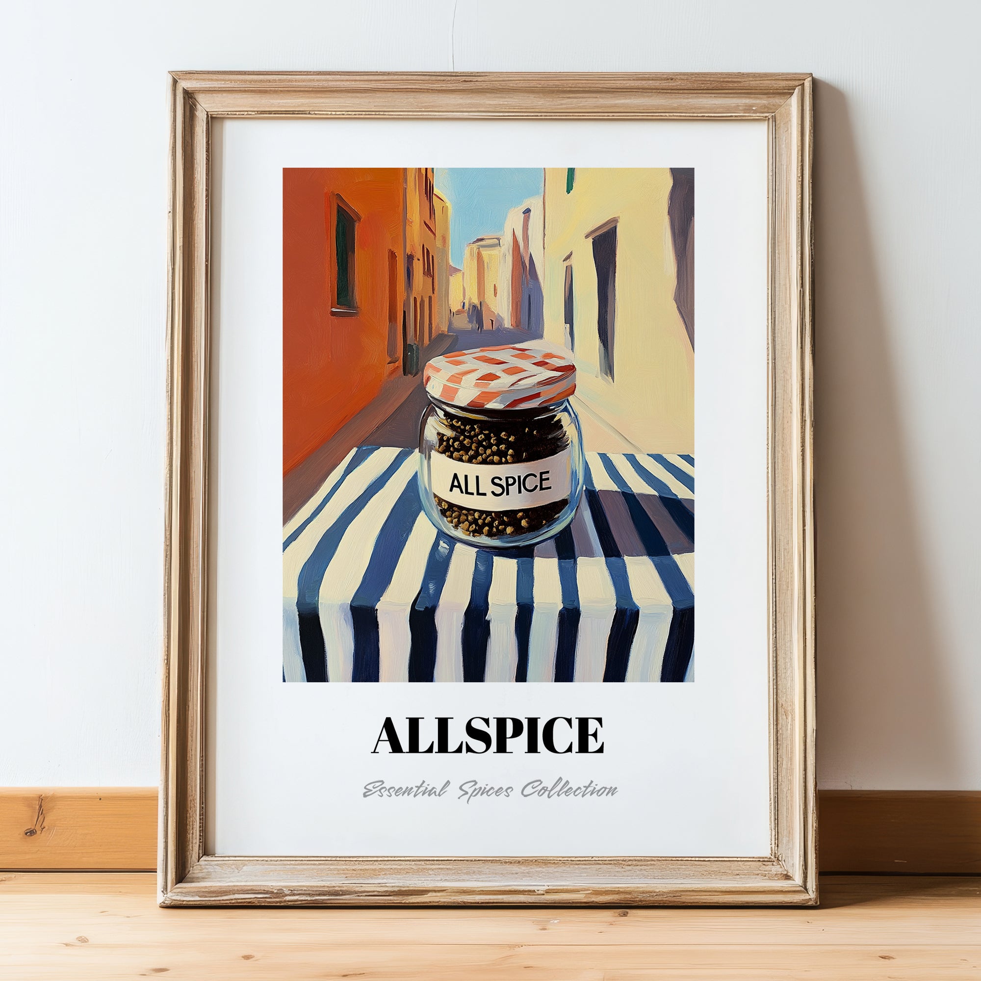 Allspice – Italian Urban Café Scene, Spices Art, in wooden frame leaning on the floor