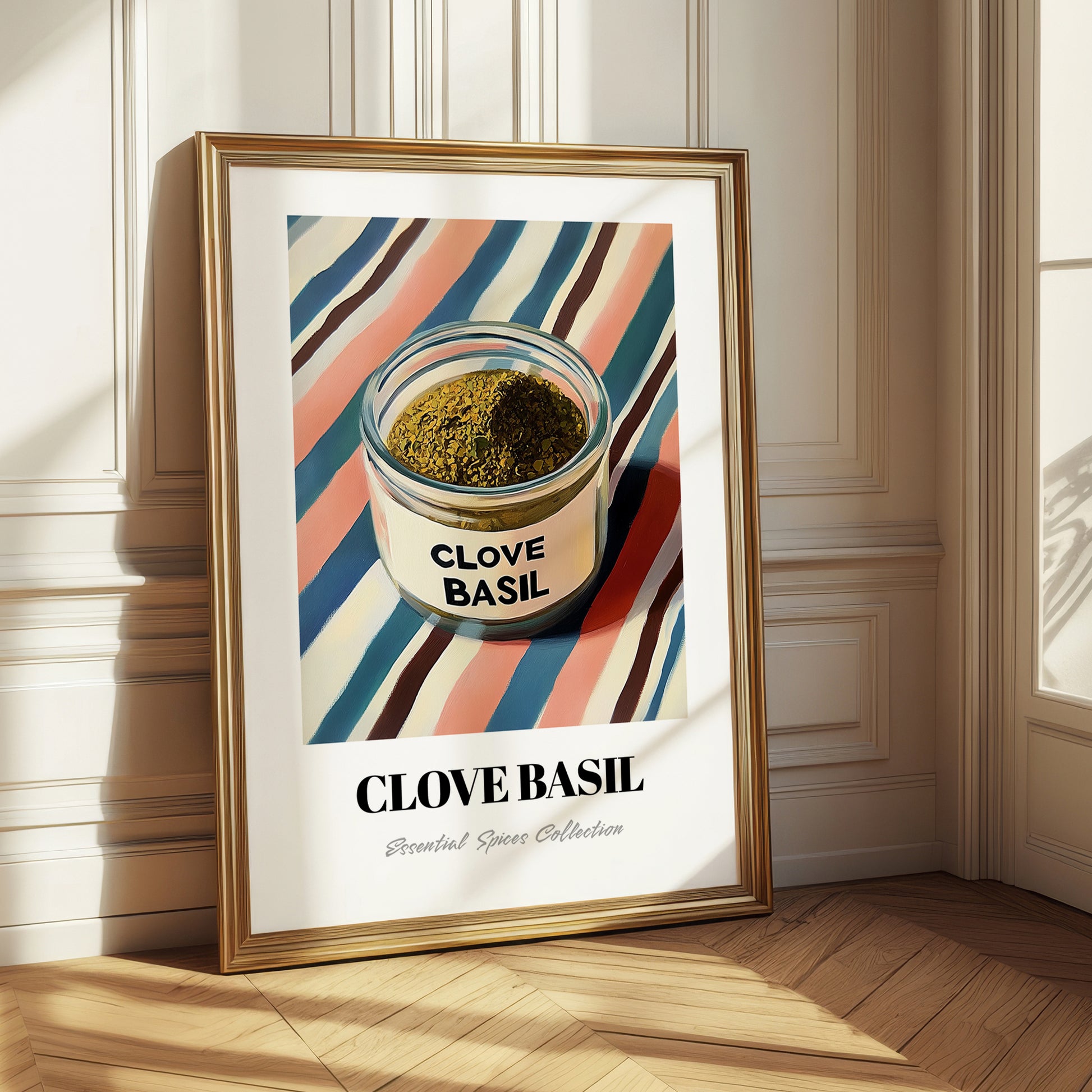 Clove Basil – on Striped Tablecloth, Spices Poster